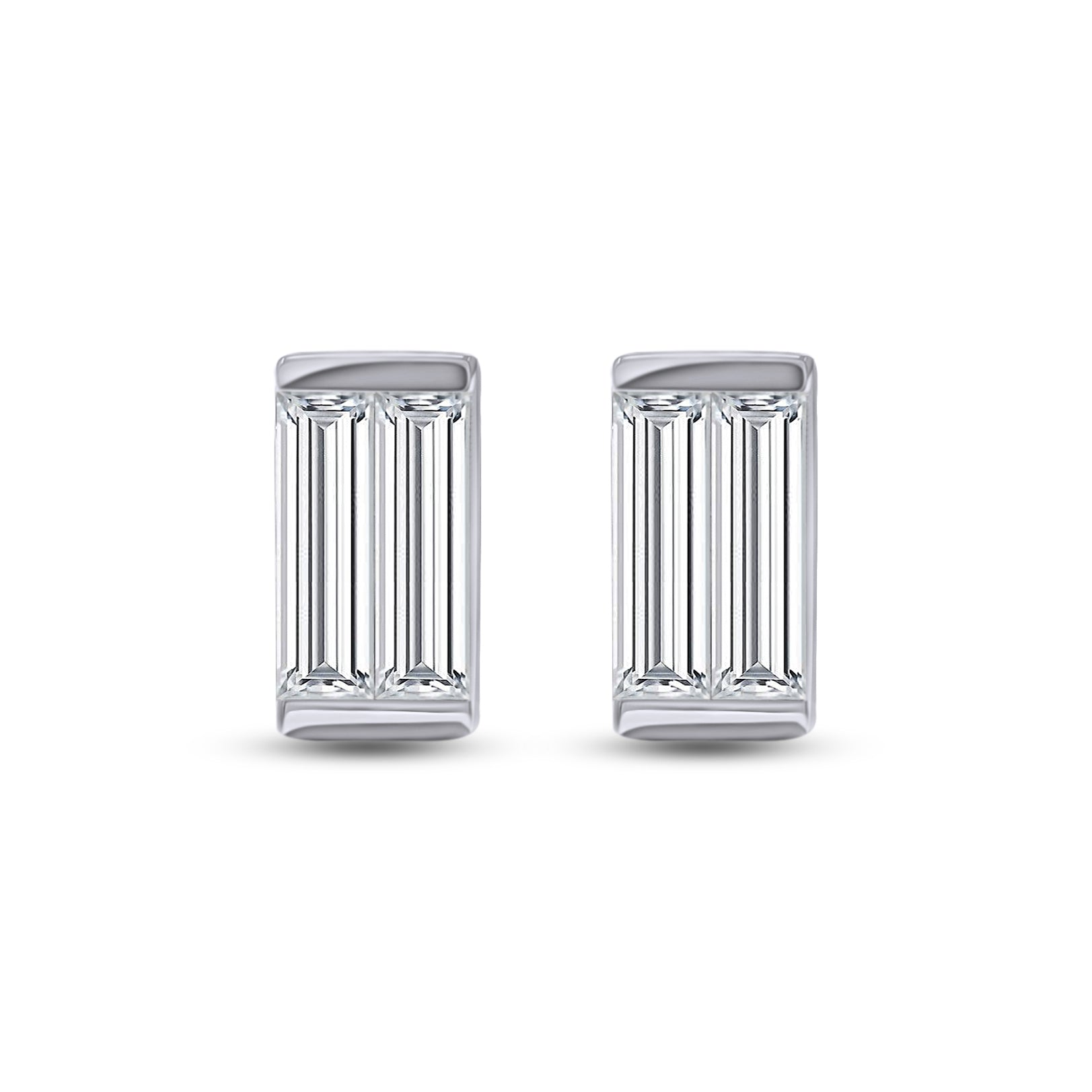 Pair of silver emerald-cut stud earrings on a white background