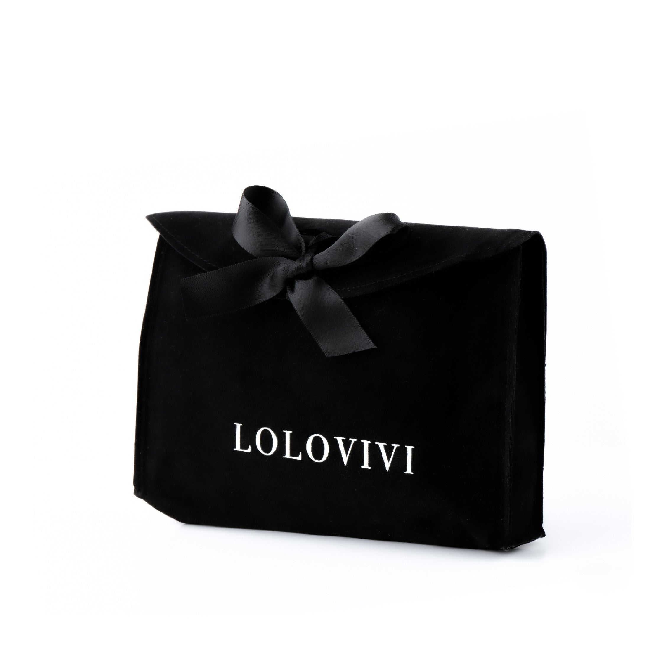 Black velvet pouch with Lolovivi logo and a black ribbon bow on top.