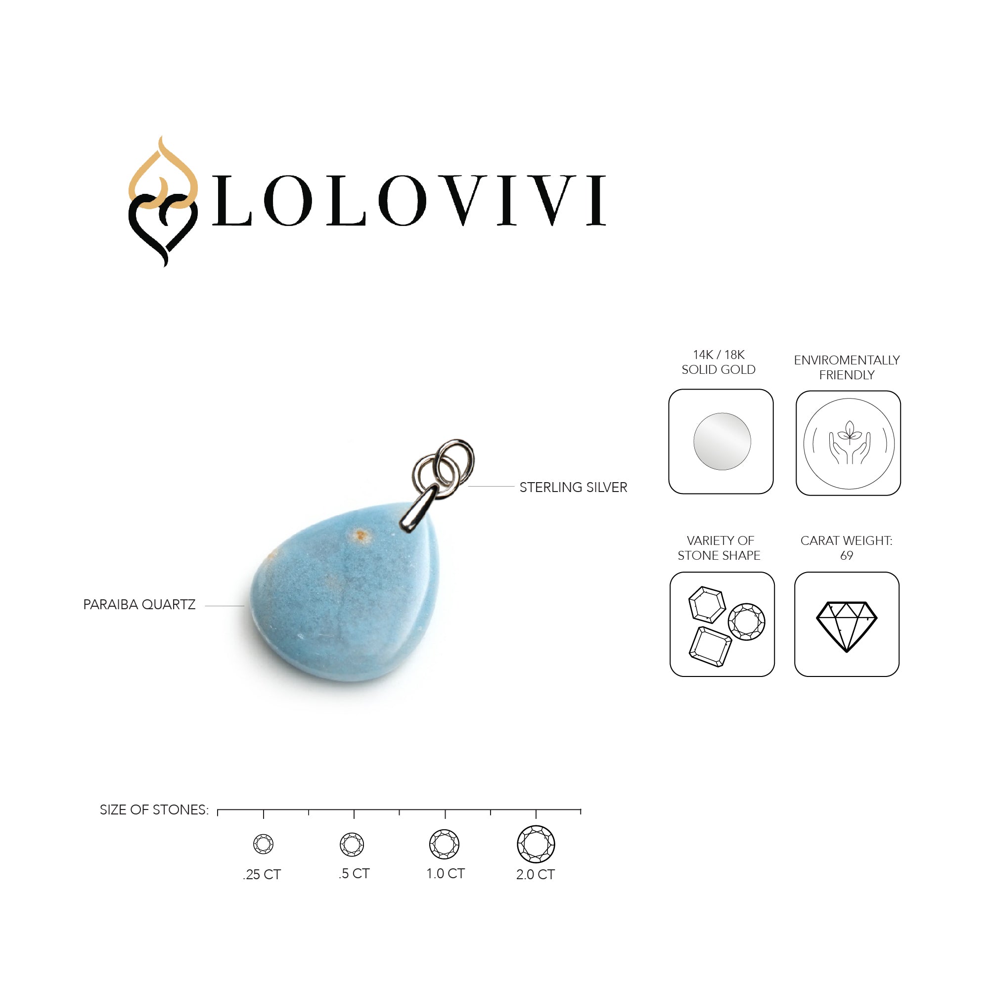 Tear-shaped blue Paraiba quartz with sterling silver loop, elegant design