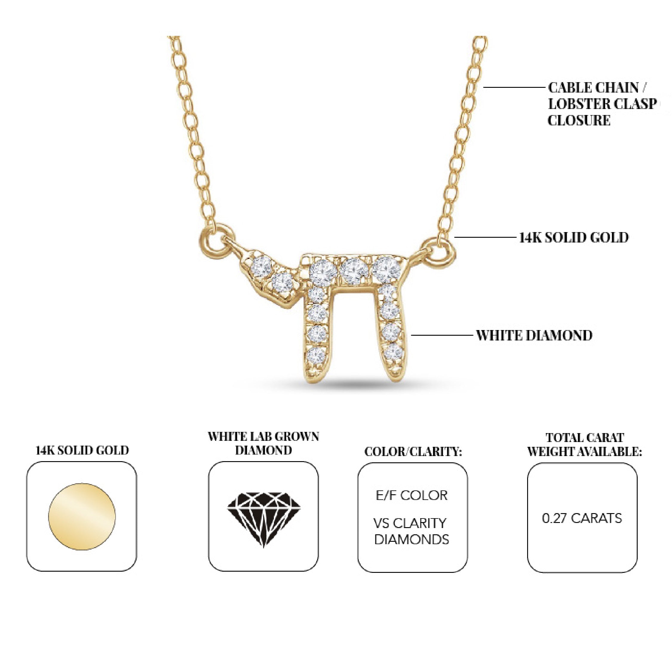 14K gold necklace with diamond chai symbol pendant on delicate chain.