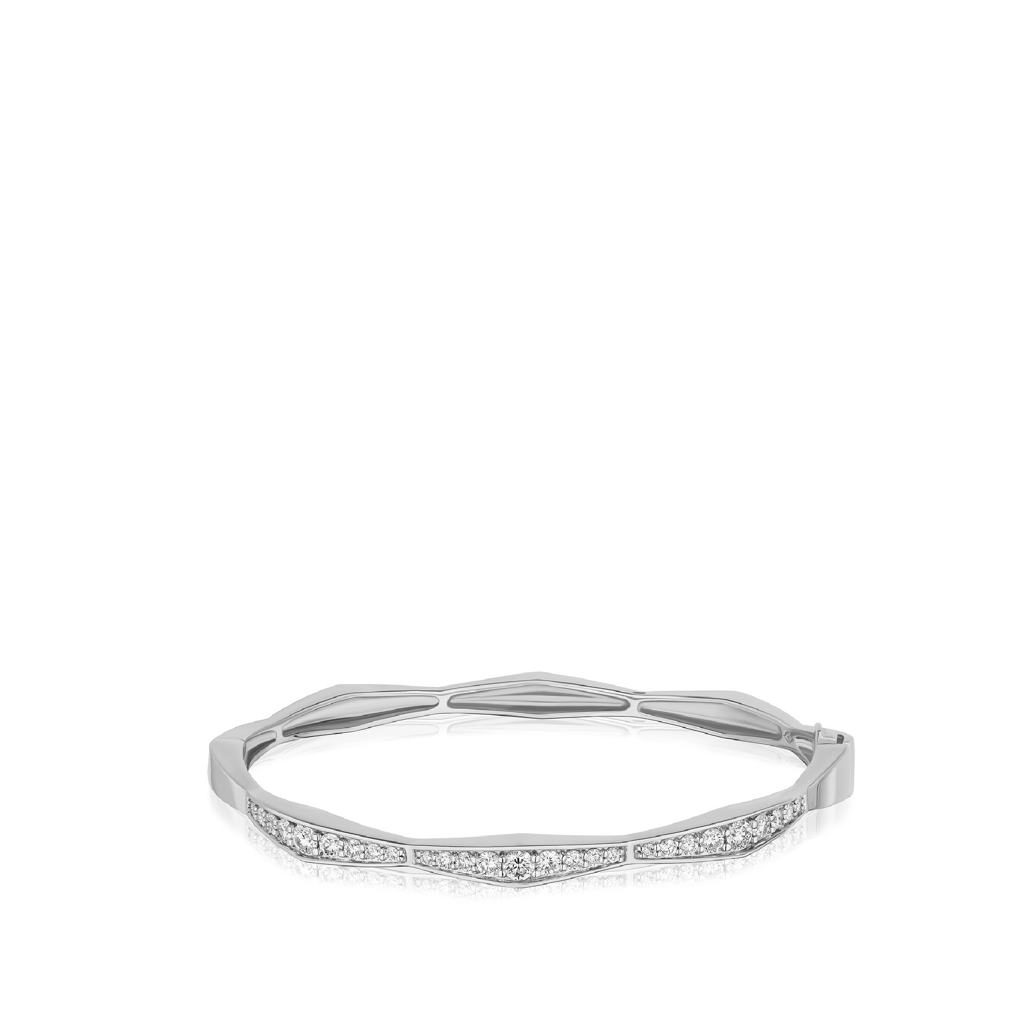 14K solid gold bangle bracelet with diamonds, sleek design, and reflective surface.