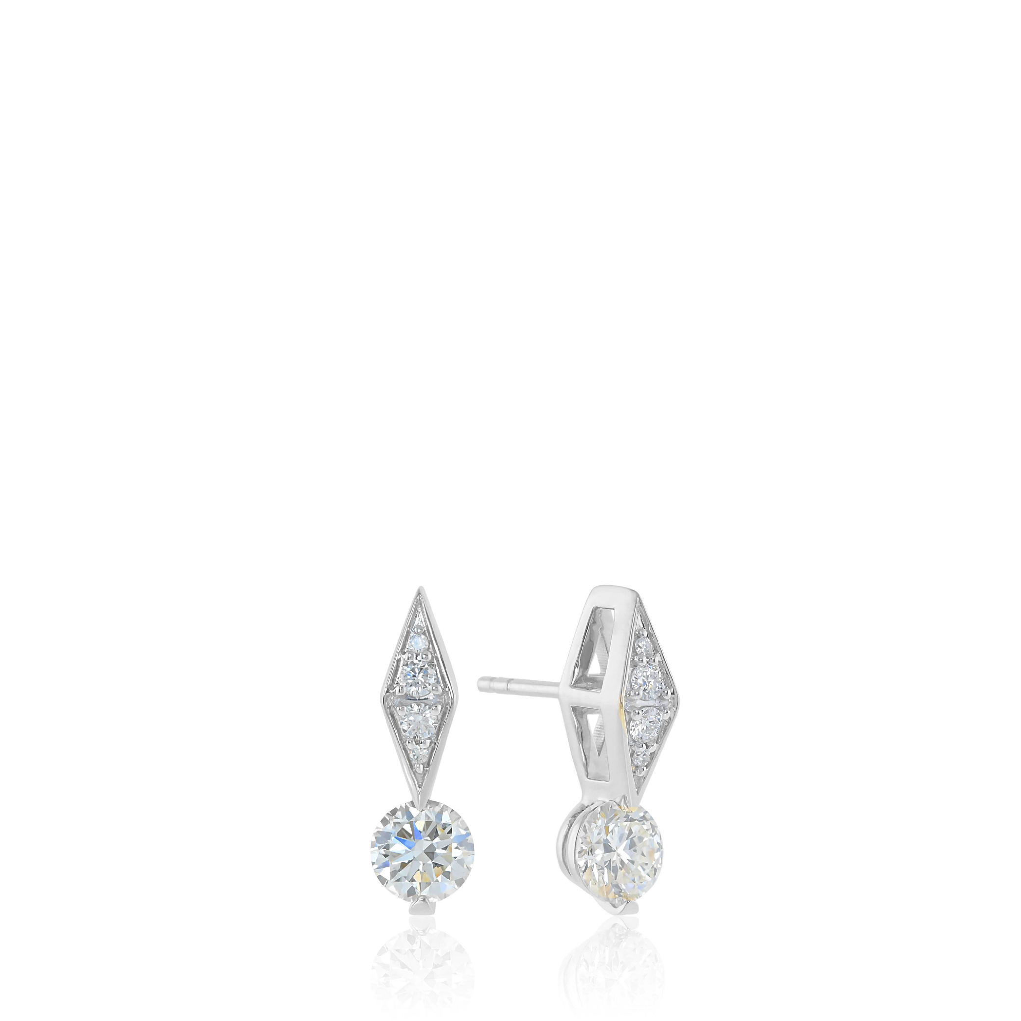 14K solid gold earrings with diamond drop design and geometric shapes.