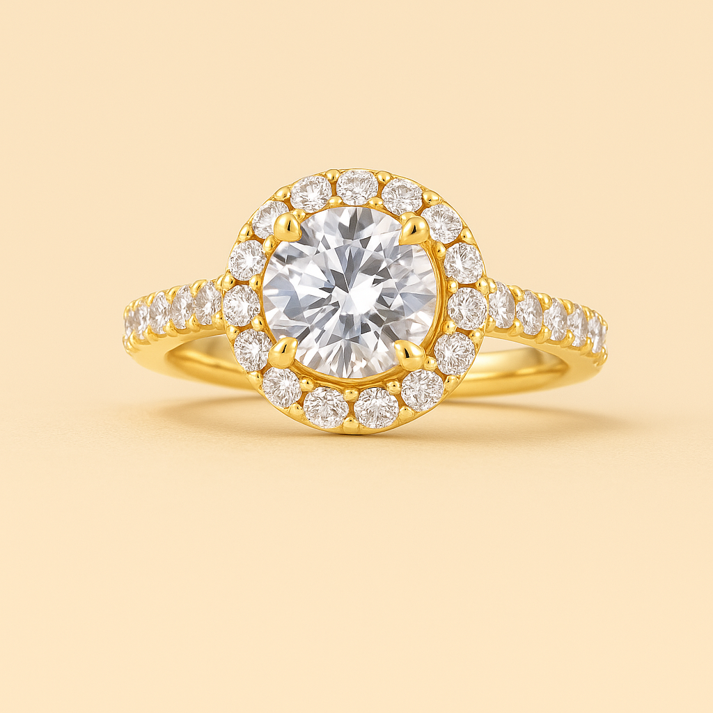 Gold ring with a large diamond and smaller diamonds on a beige background