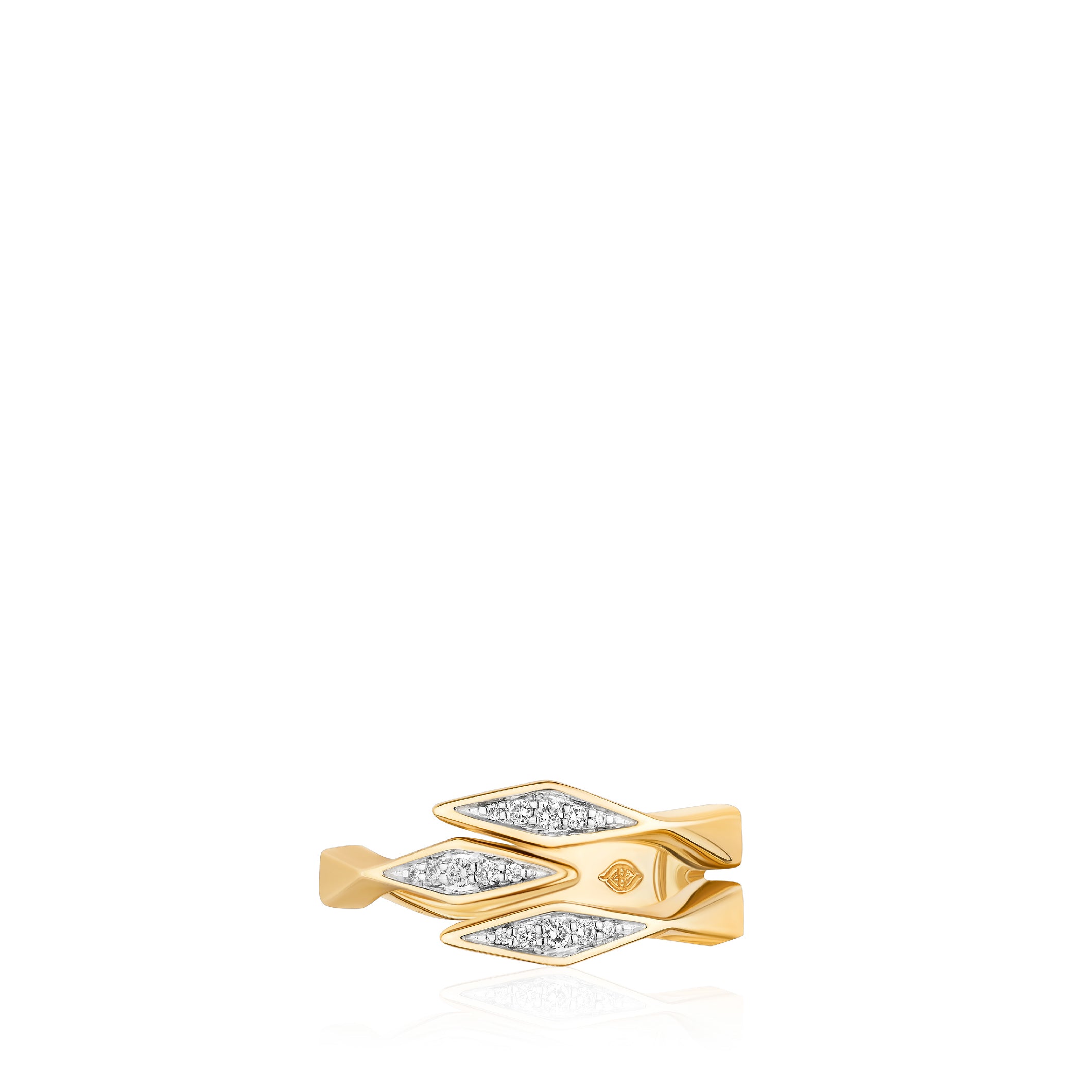 14K gold ring with lab-grown diamonds in a triple bypass design.