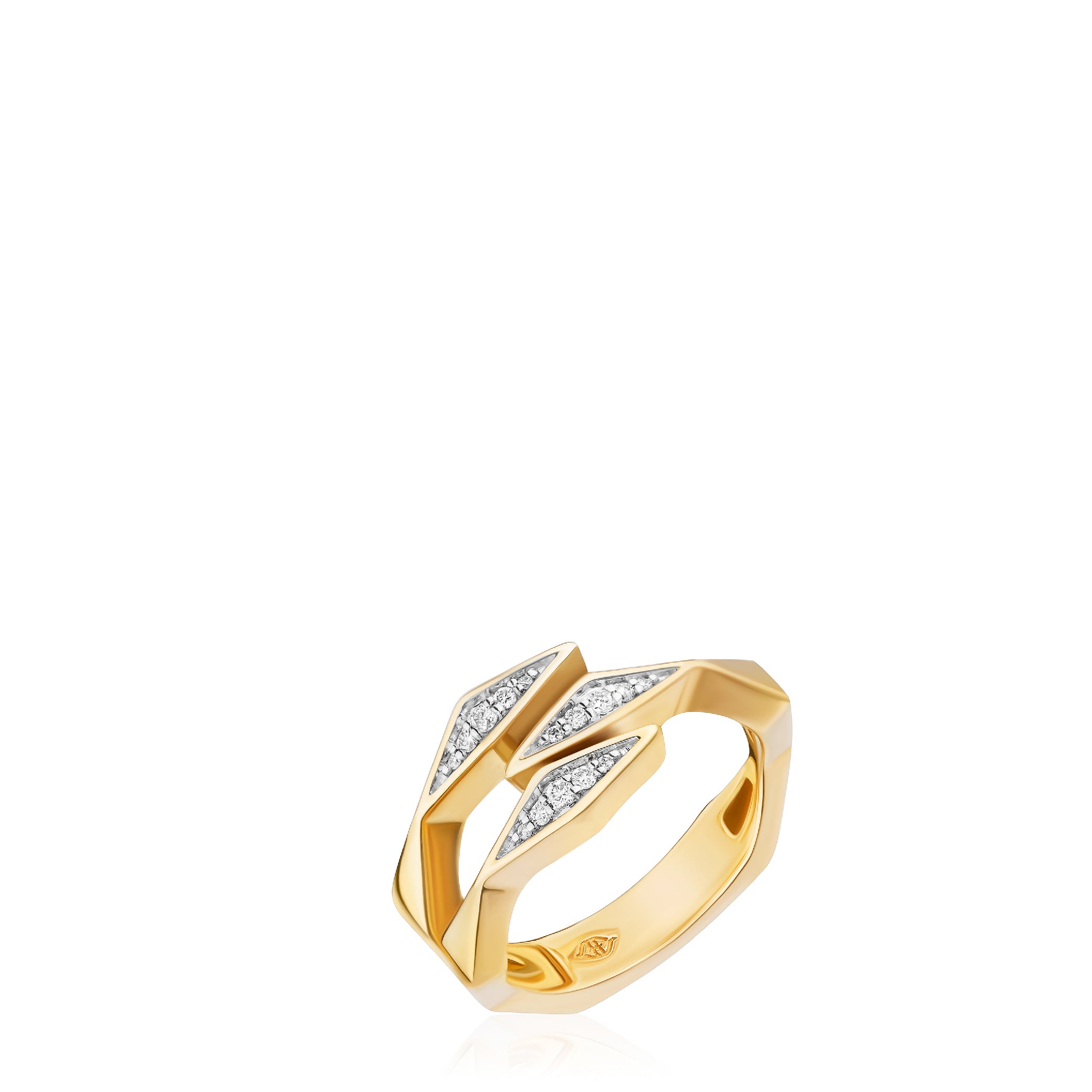 14K solid gold ring with lab-grown diamonds in a triple bypass design.