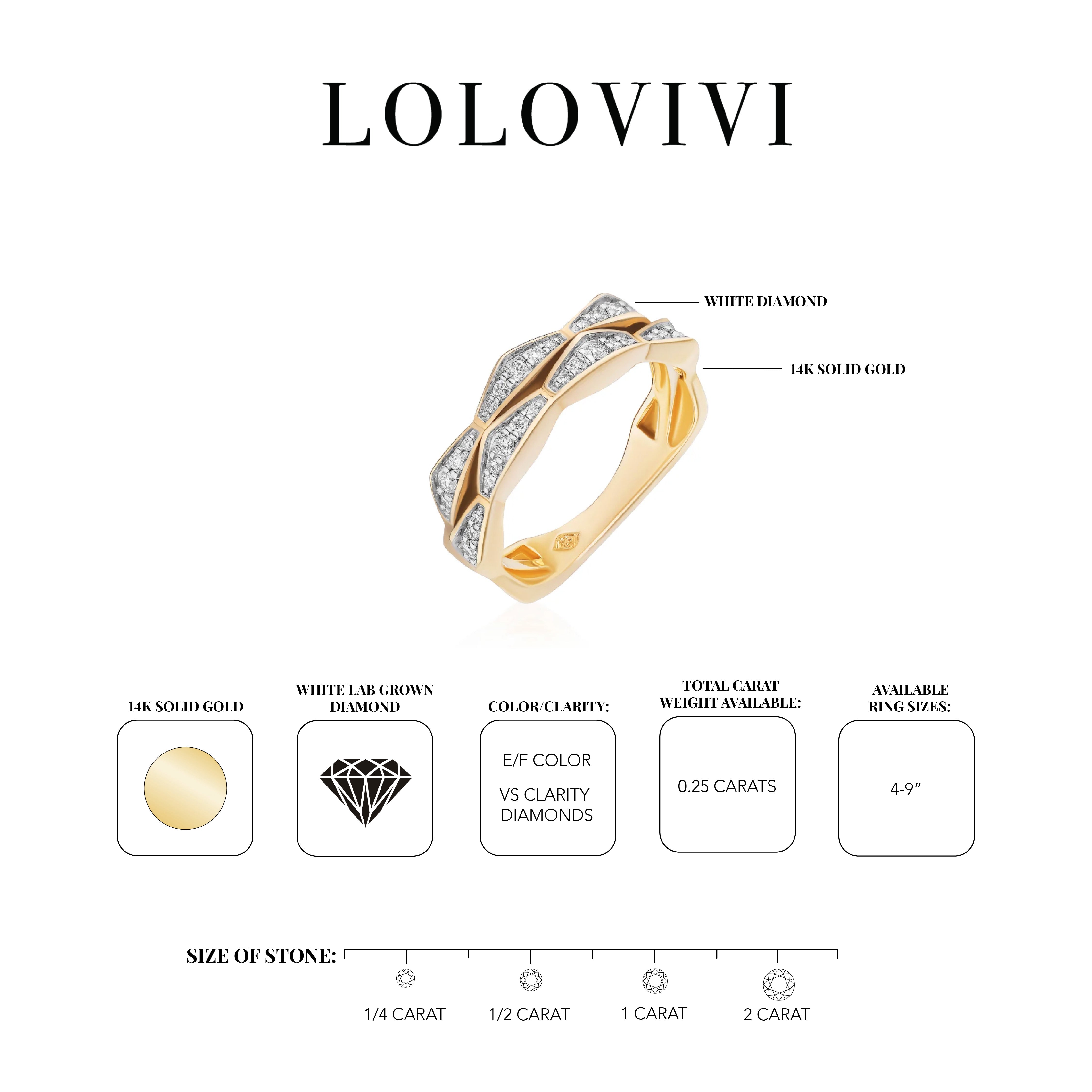 14K solid gold ring with lab-grown diamonds in a double stack design on white fabric.