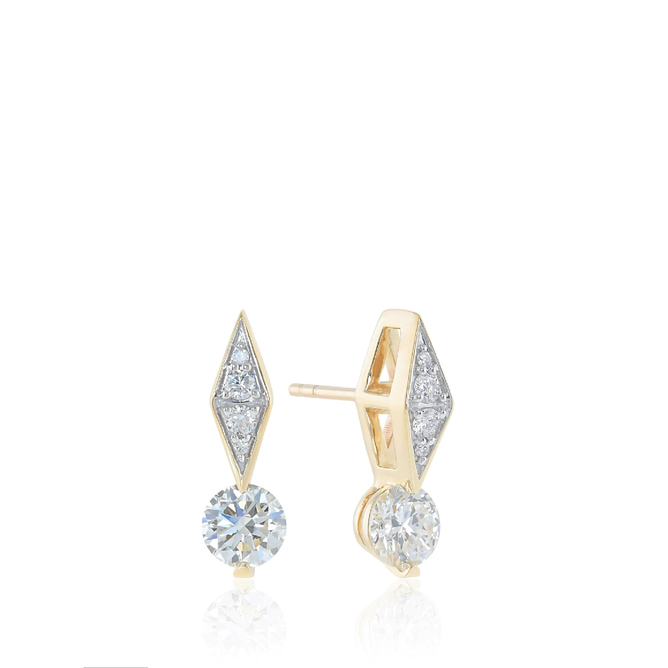 14K gold earrings with diamond drop design featuring round and kite-shaped diamonds.