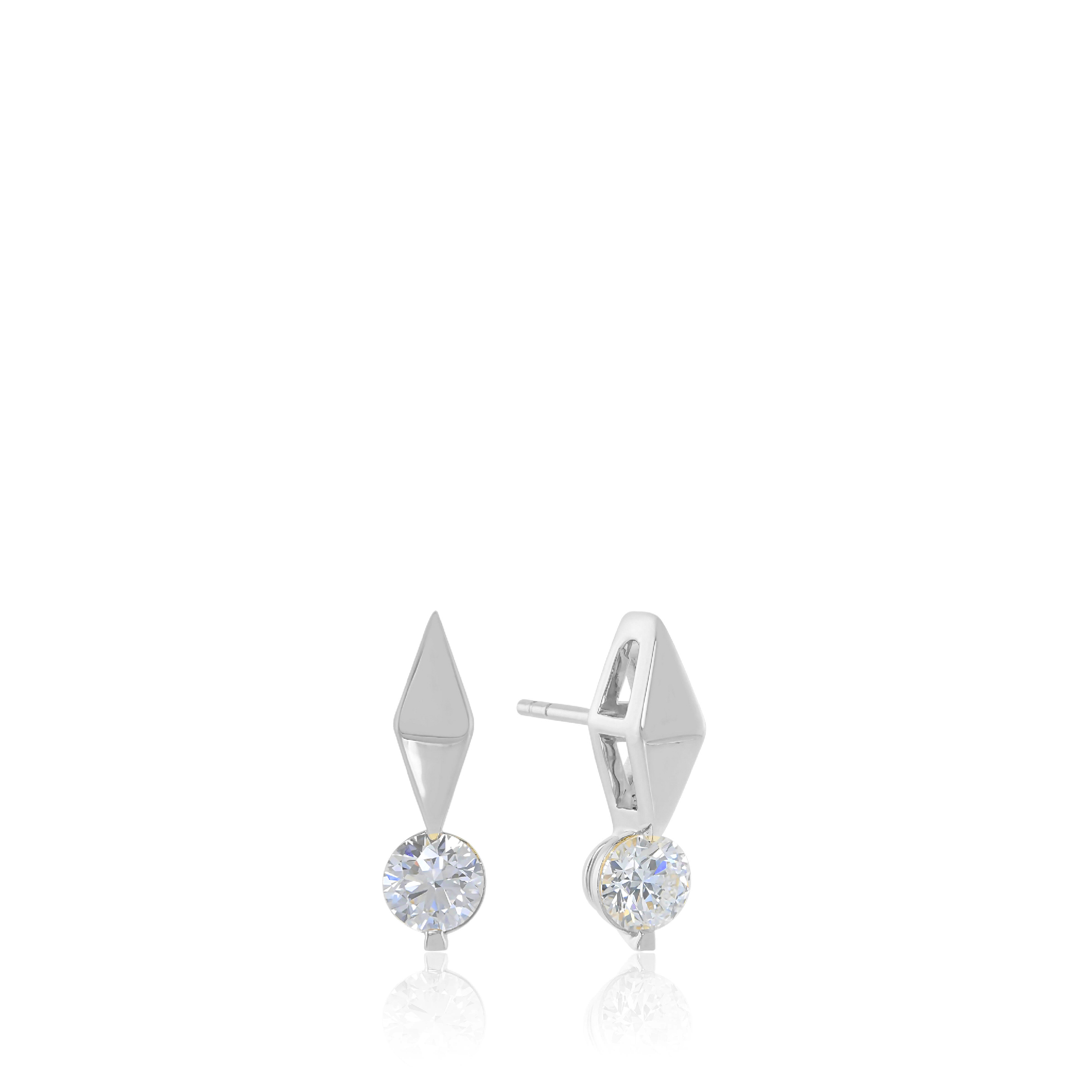 14K gold earrings with diamond drop design, featuring geometric shapes.