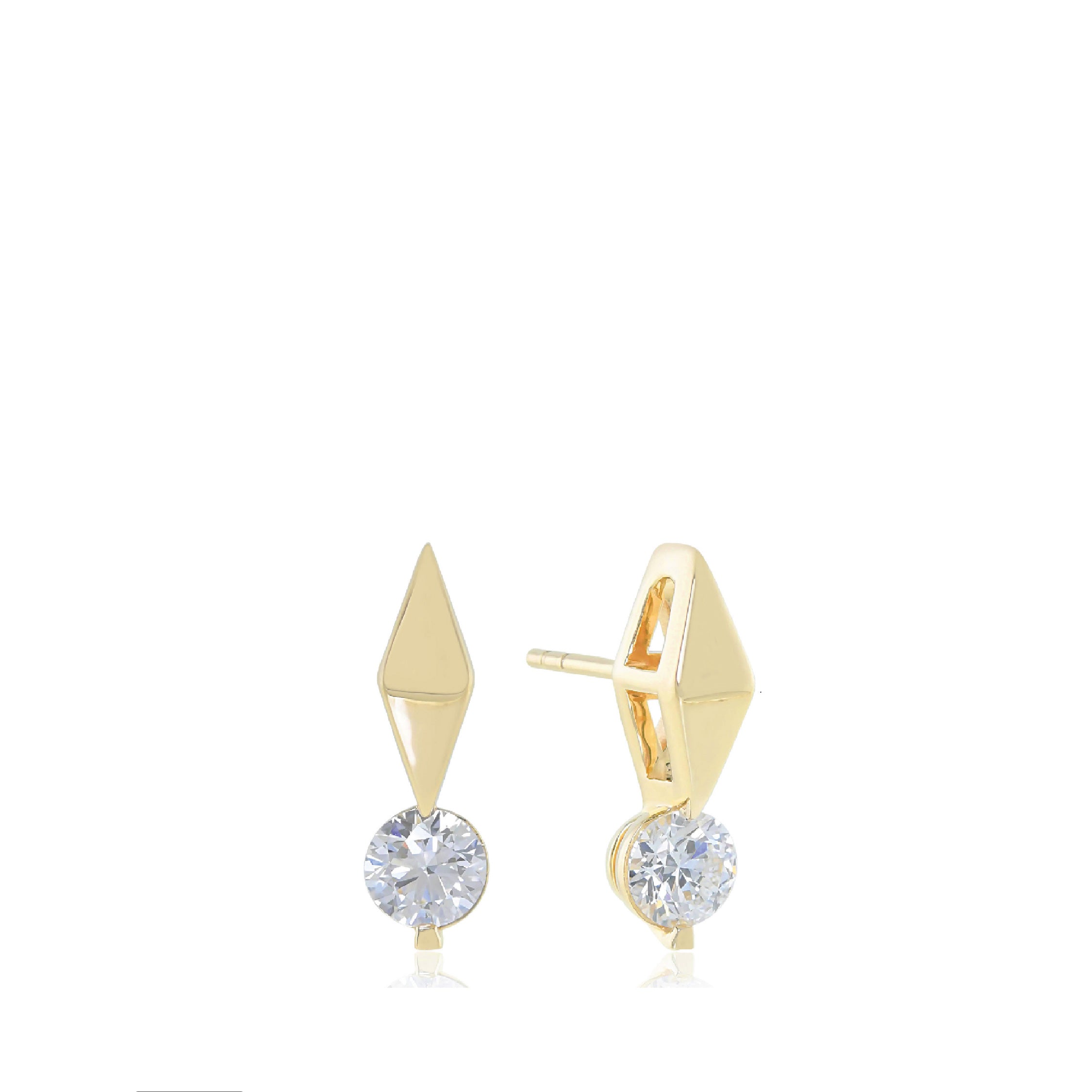 14K solid gold earrings with diamond drop design featuring geometric shapes.