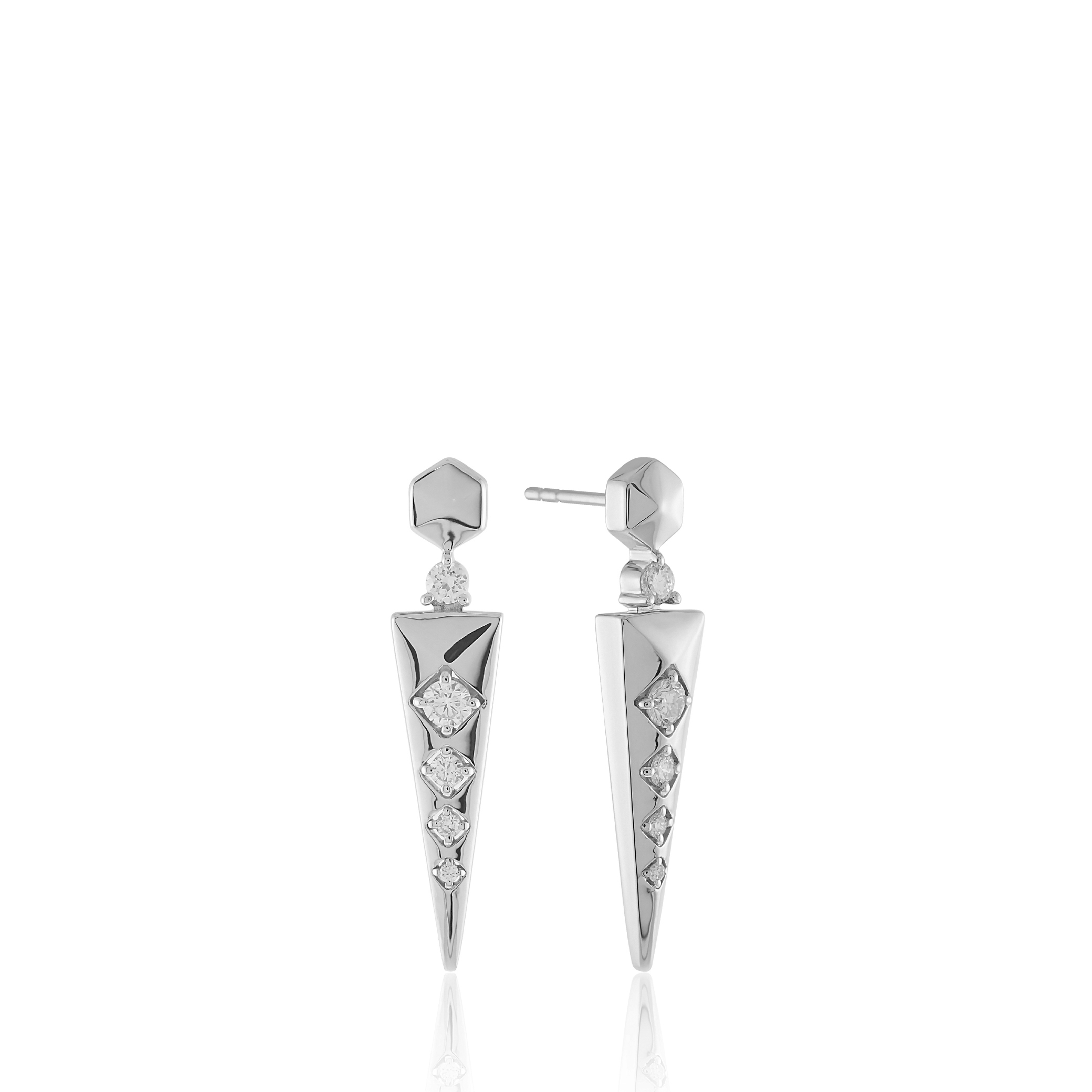 14K solid gold earrings with geometric design and diamond accents.