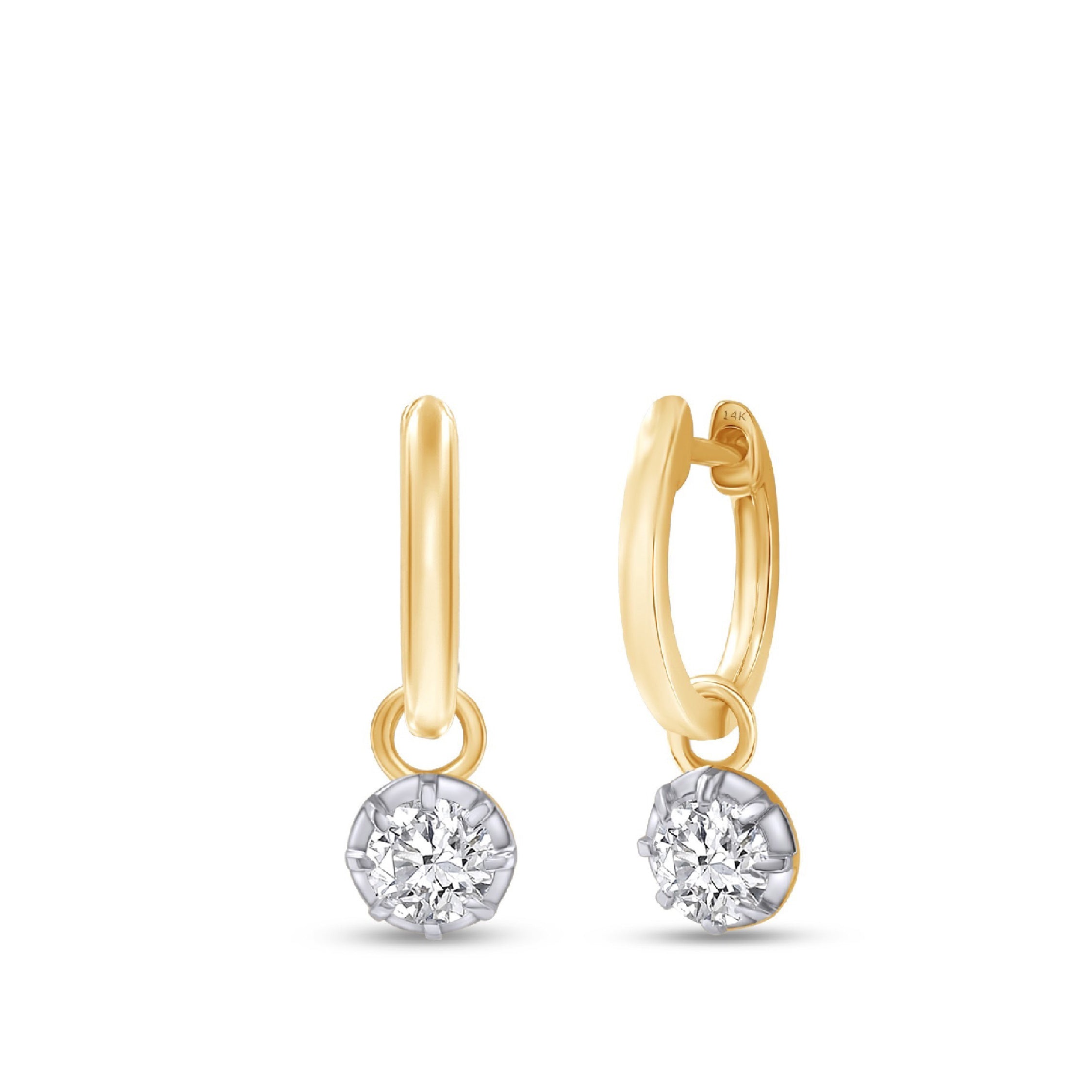 14K solid gold hoop earrings with sparkling diamond pendants, elegant and luxurious.