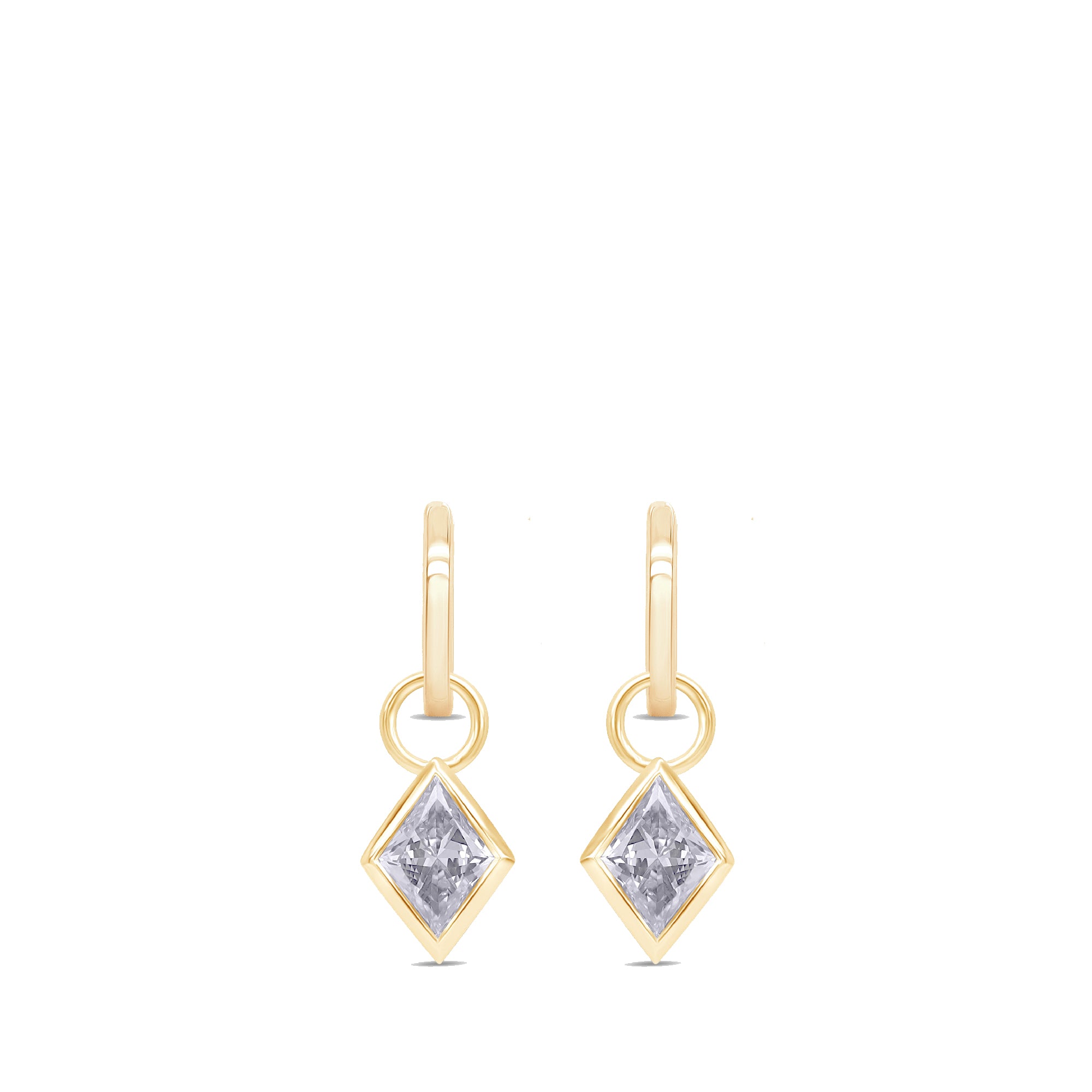 14K gold earrings with diamond-shaped lab-grown diamonds dangling from hoops.