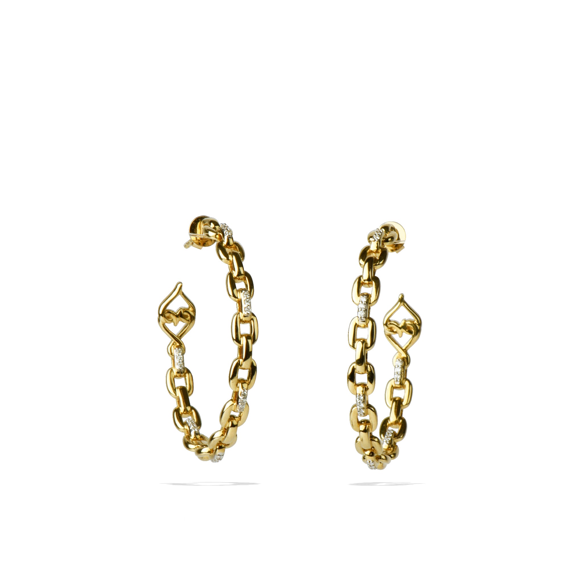 14K solid gold hoop earrings with diamond accents and chain link design.