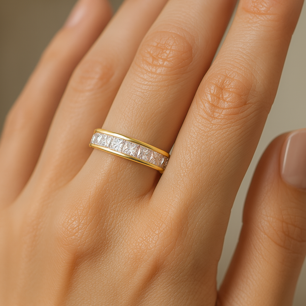 solid gold white diamond infinity wedding band on model hand