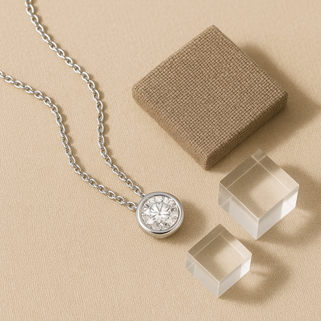 Silver necklace with a diamond pendant on a beige surface, next to a brown jewelry box and clear acrylic display stands.
