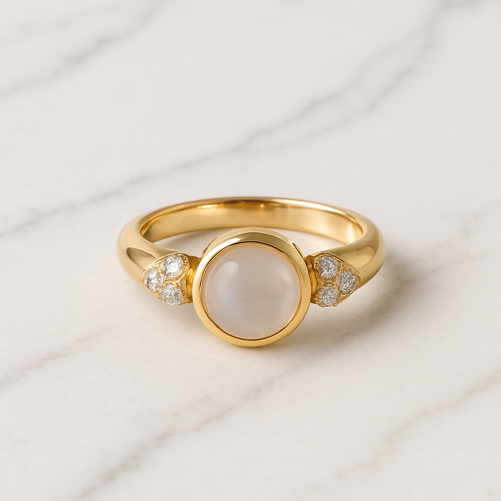 Gold ring with a central pearl and diamond accents on a light background