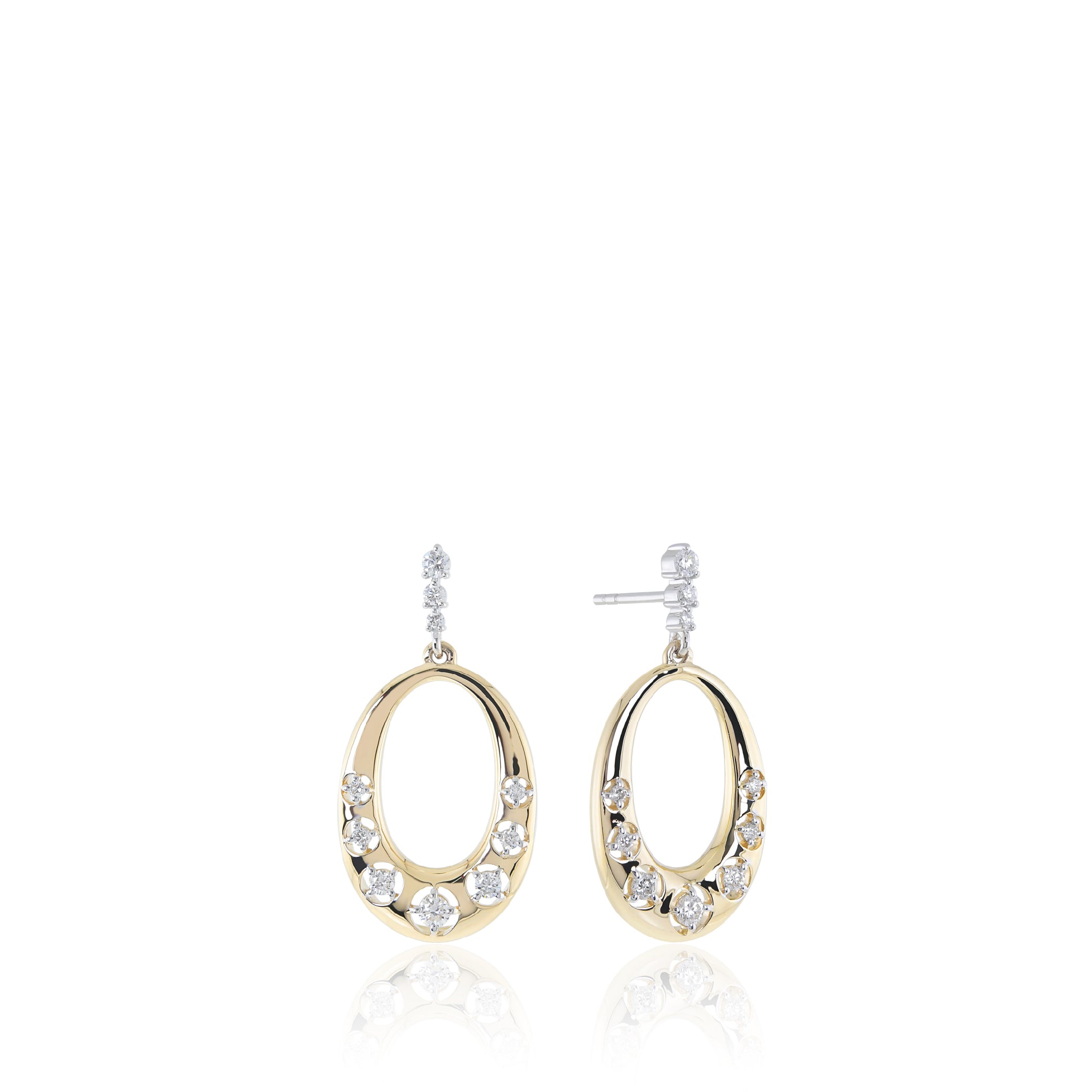 14K solid gold earrings with oval shape and diamond accents on a white background.