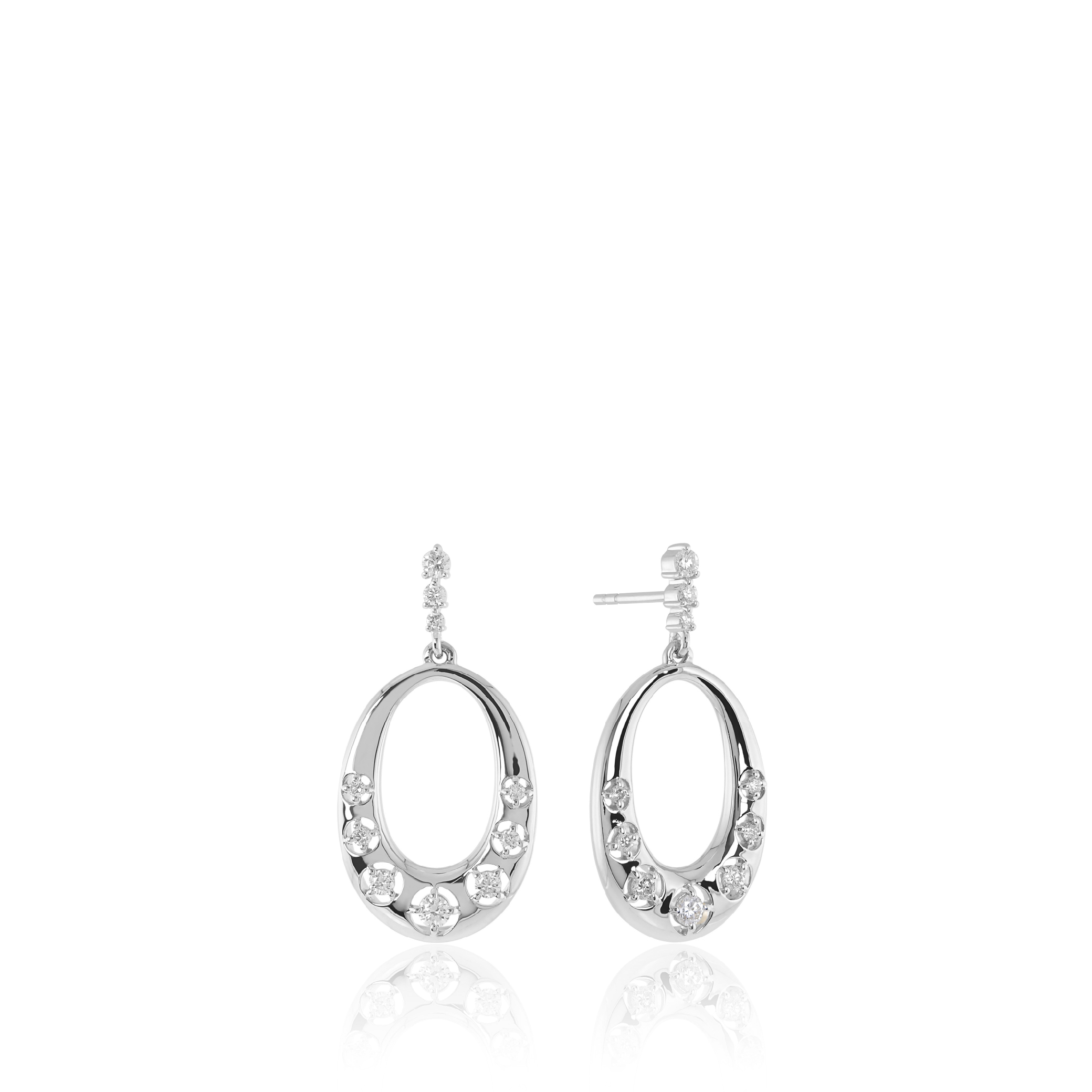 14K solid gold earrings with oval design and sparkling diamonds.