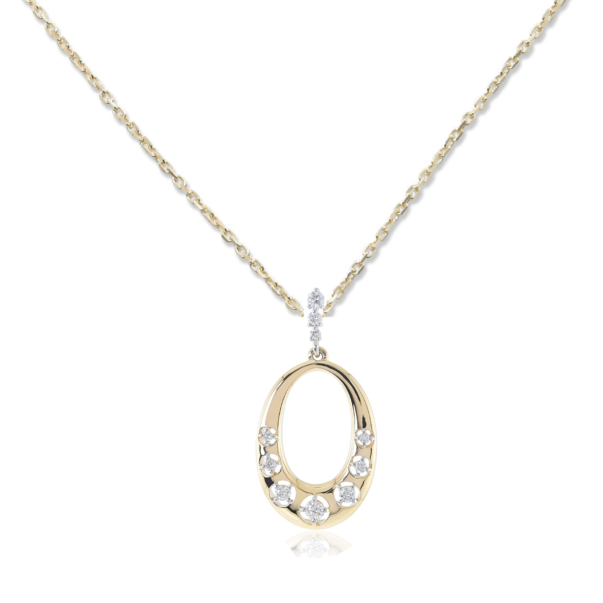 14K gold necklace with oval pendant and diamonds on a delicate chain.