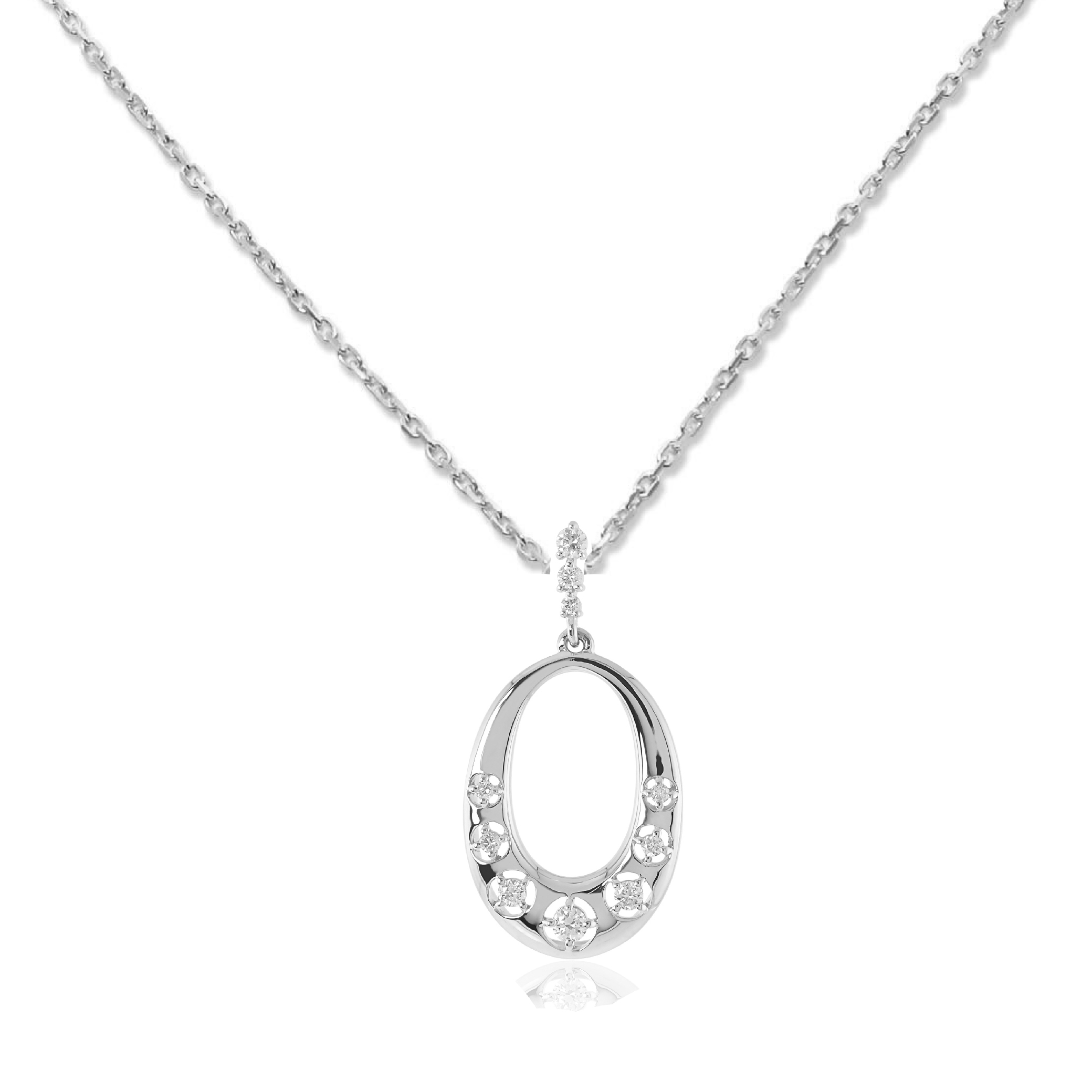 14K solid gold necklace with oval diamond-studded pendant on a delicate chain.