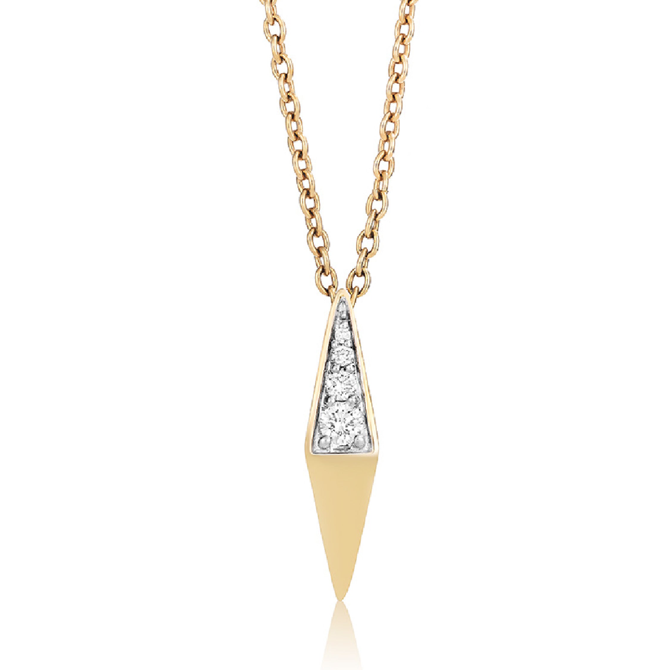 14K solid gold necklace with a diamond-studded pendant and unique chain design.