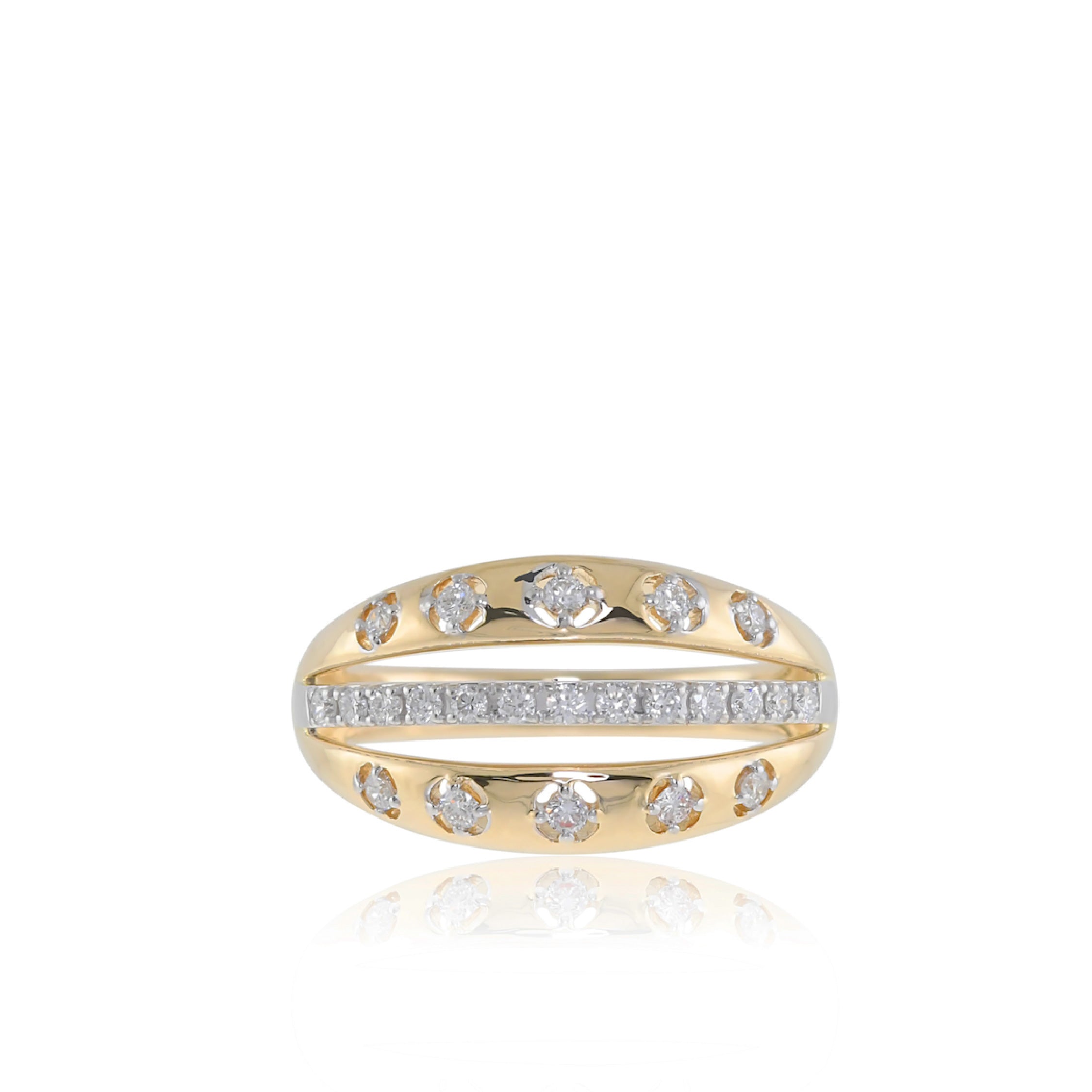 14K solid gold ring with diamonds in a sphere design, featuring a central diamond band.