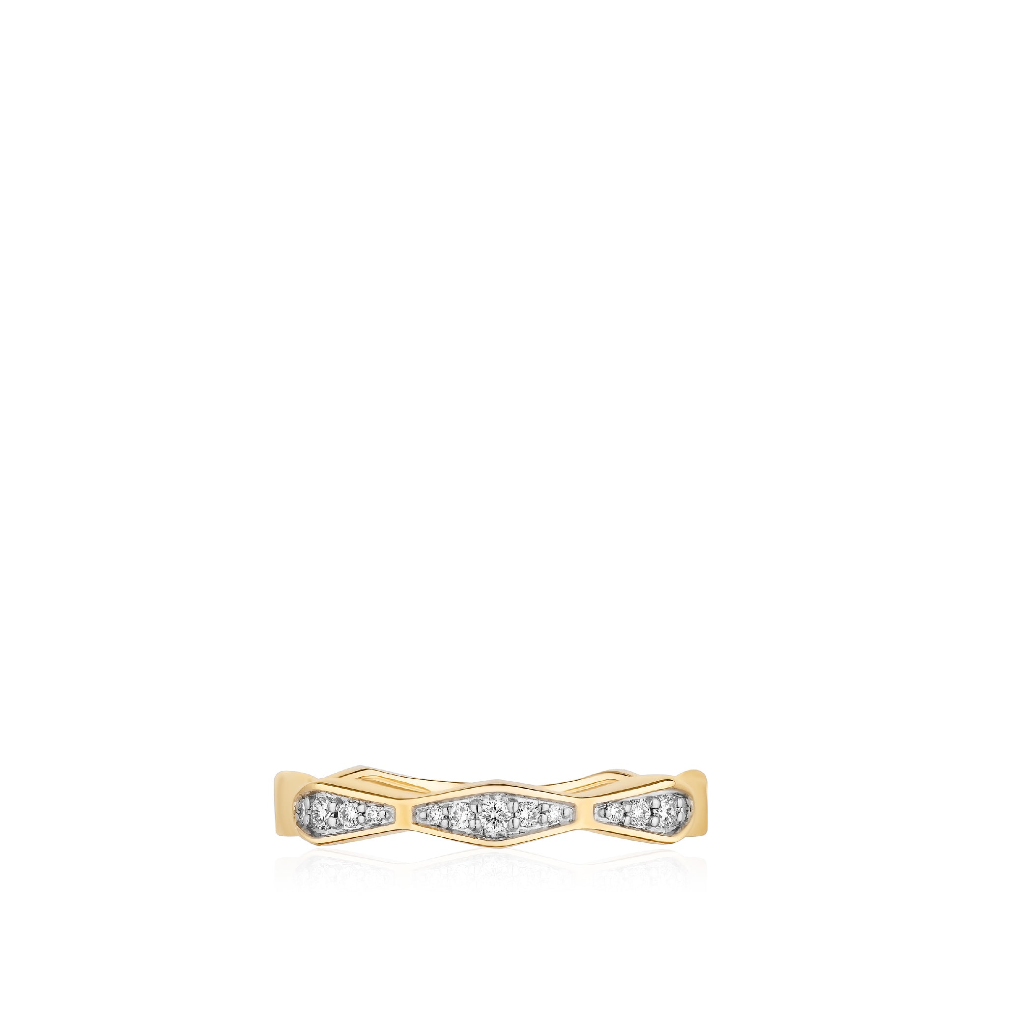 14K gold ring with lab-grown white diamonds in a geometric pattern.