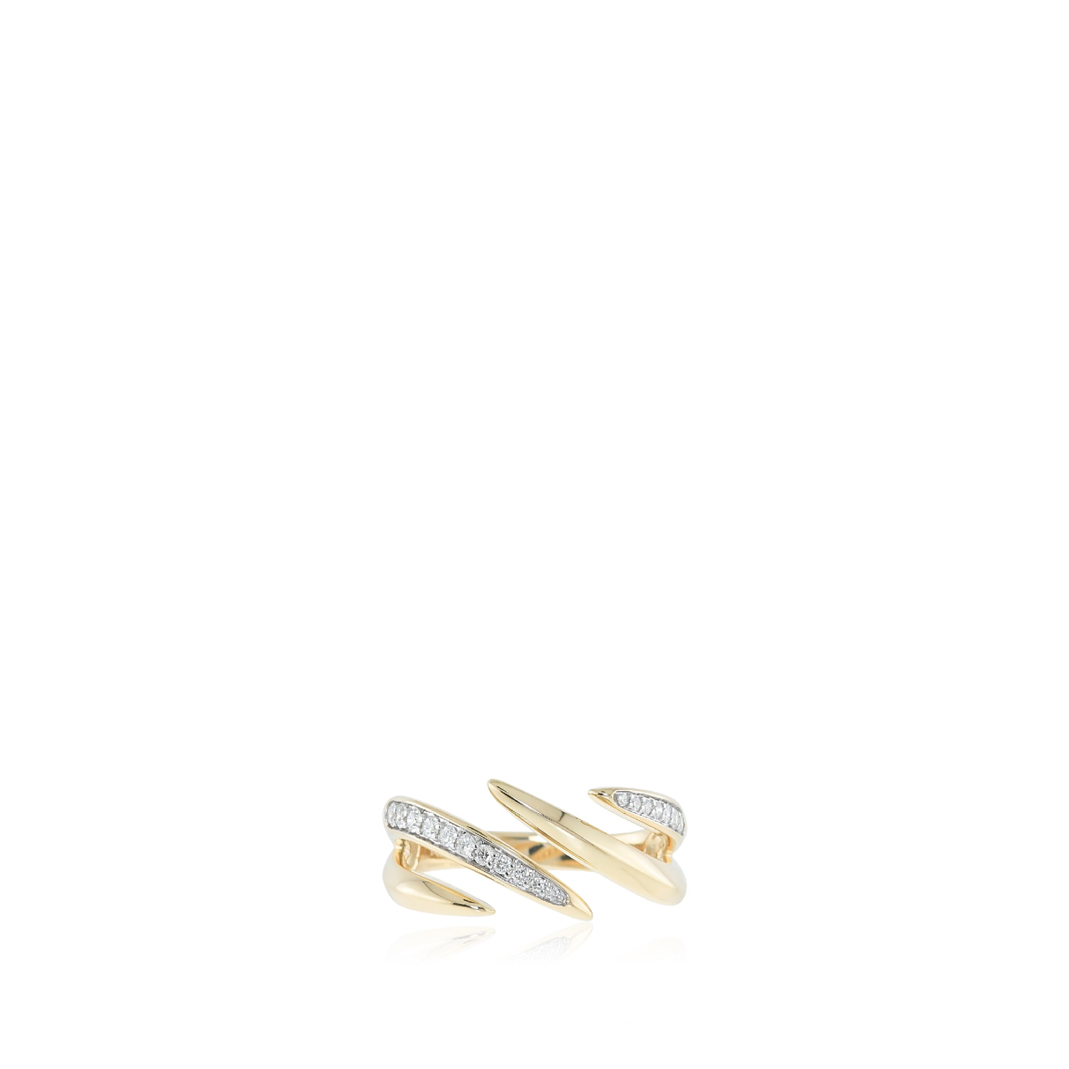 14K solid gold ring with a swirl design and diamond accents on a white background.