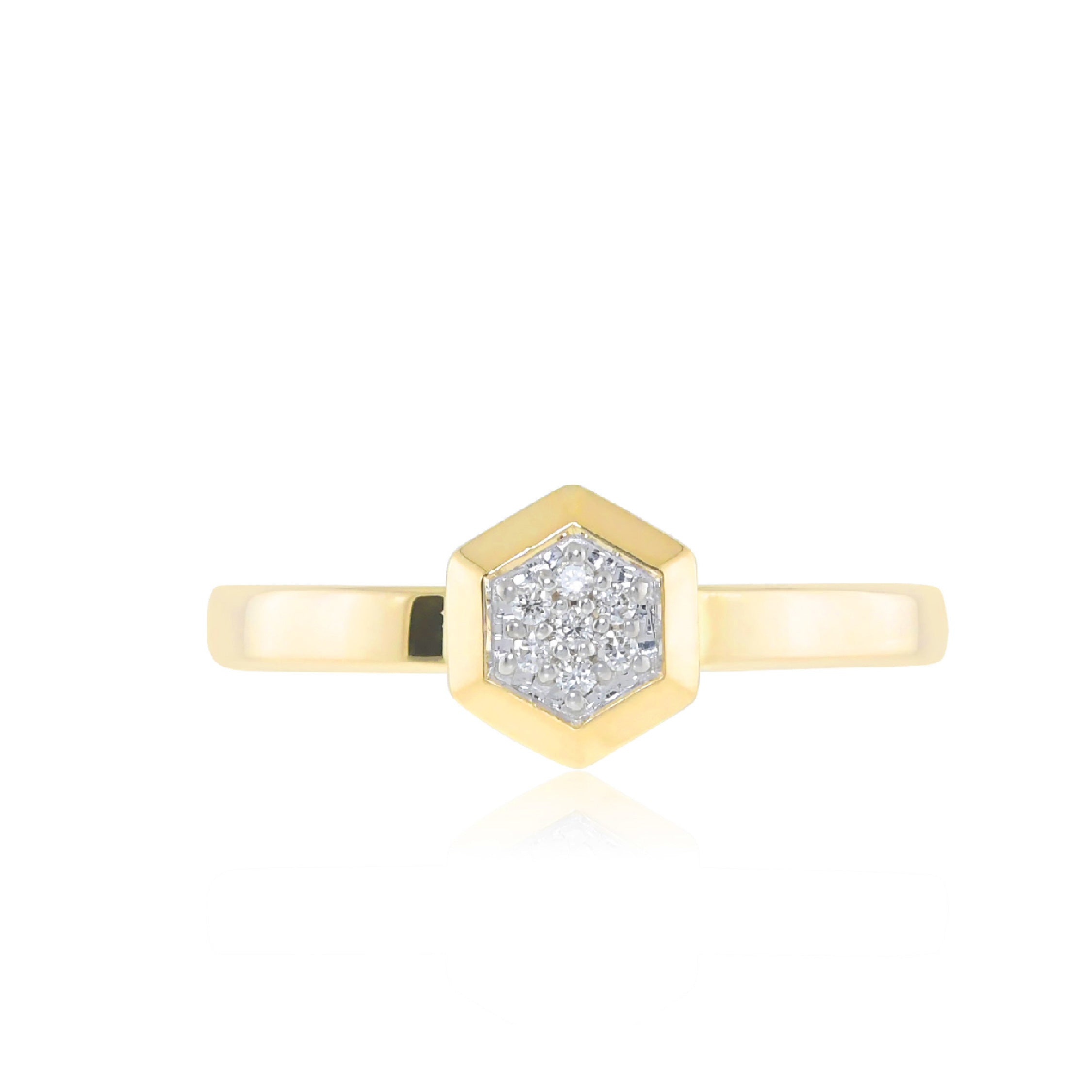 14K solid gold ring with hexagon diamond setting, elegant and minimalist design.