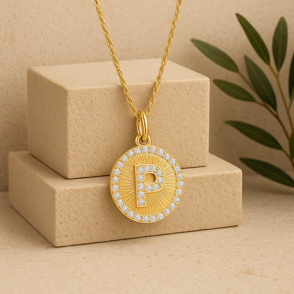 Gold necklace with a 'P' pendant on a beige background