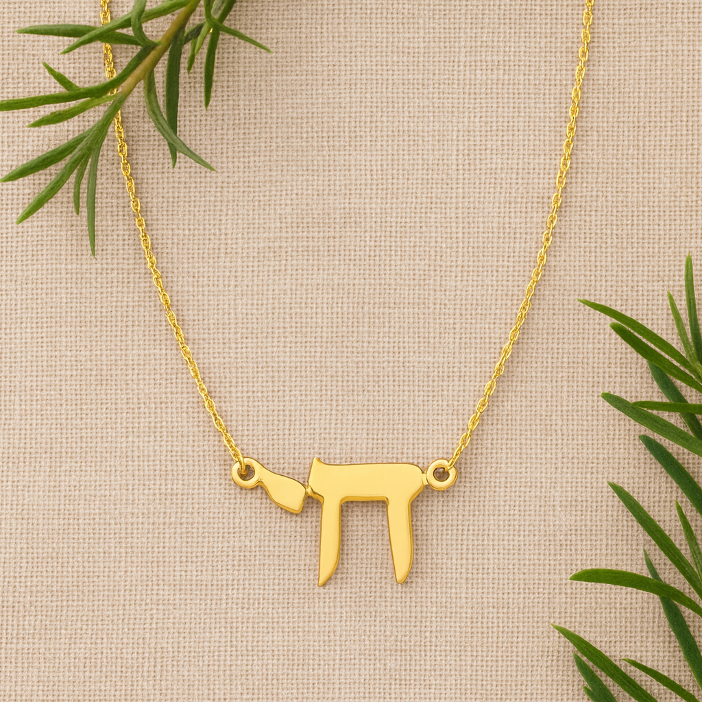 Gold necklace with a unique pendant on a beige background with greenery
