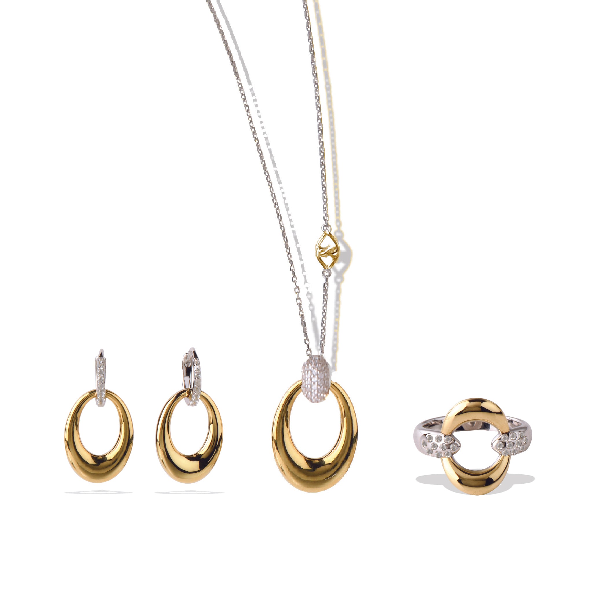Sterling silver and 14K gold jewelry set with earrings, necklace, and ring featuring gemstones.