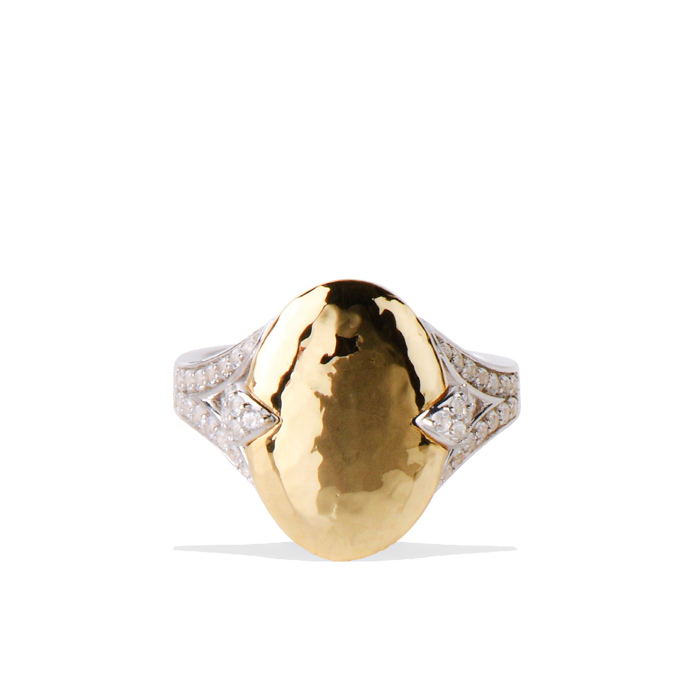 The Asher ring with hammered gold oval and silver band with gemstones.