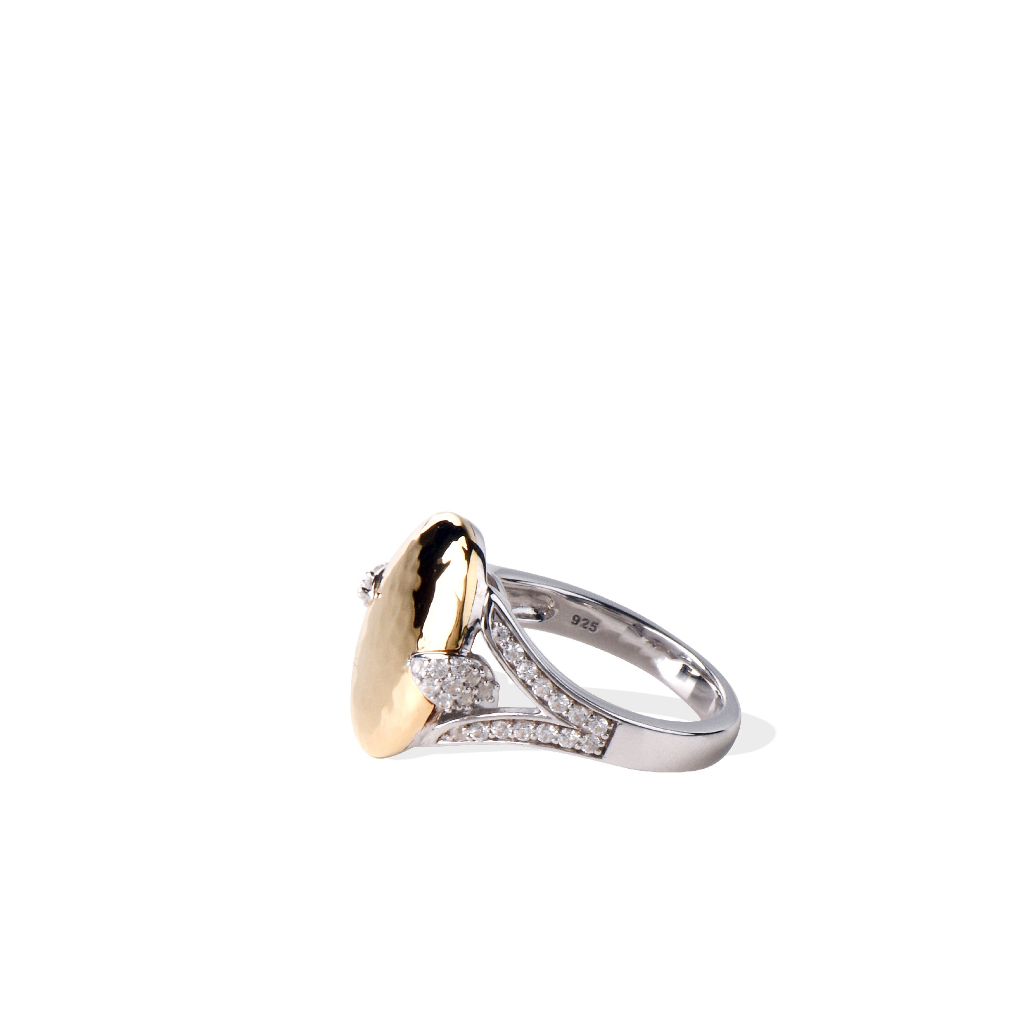 Side view of a gold and silver ring with gemstones, featuring a hammered design.