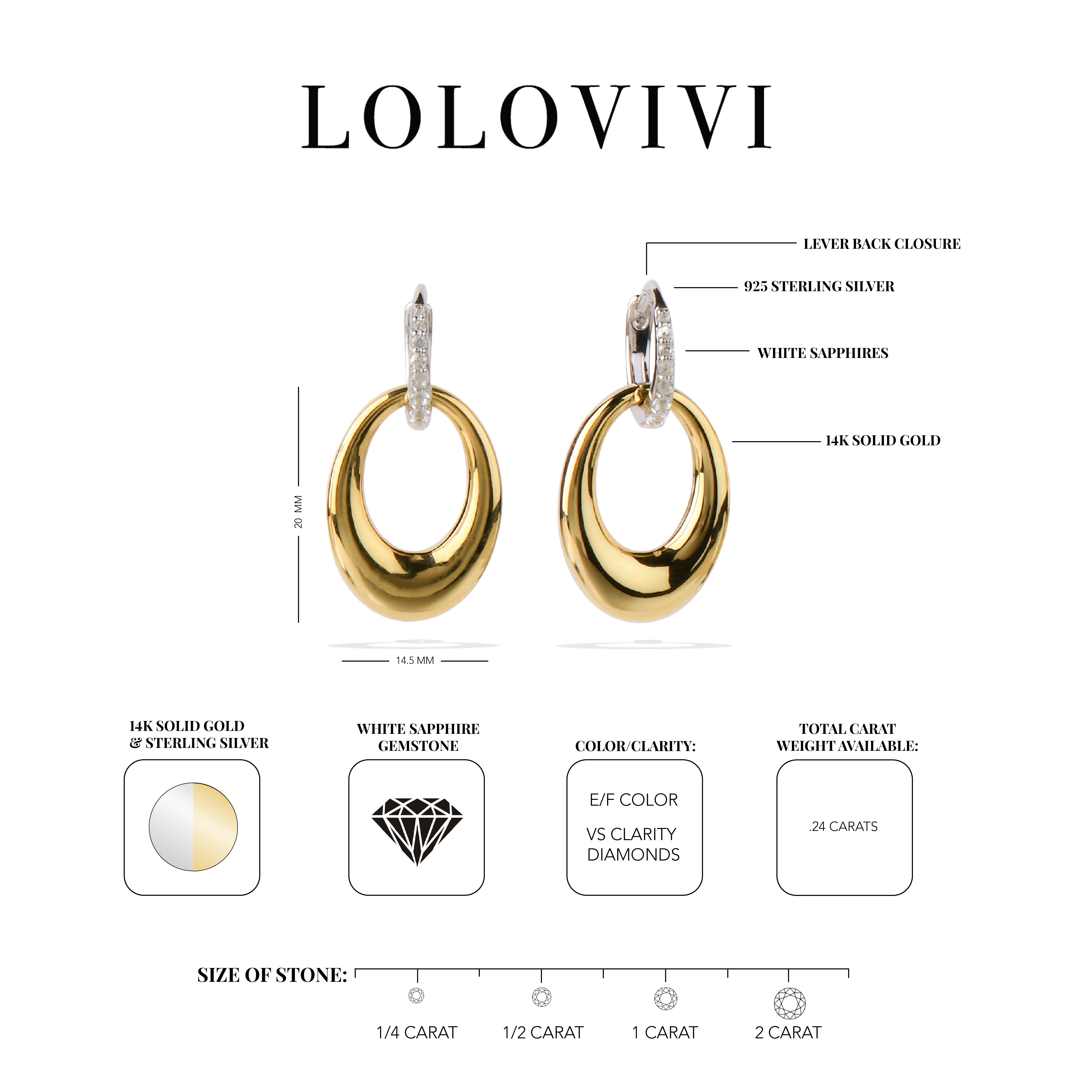 Gold and silver hoop earrings with white sapphires, featuring 14K solid gold and sterling silver.