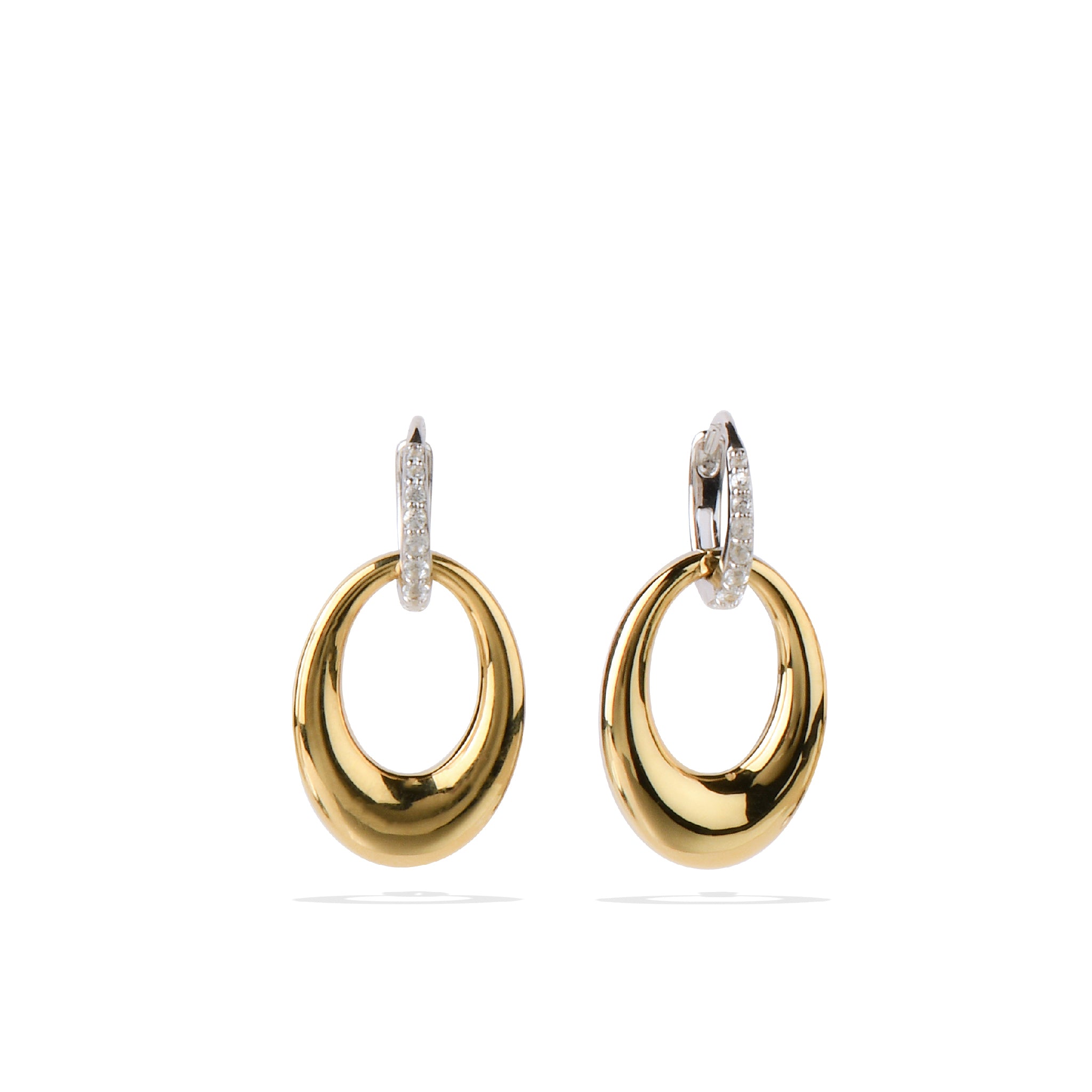 Gold and silver hoop earrings with white sapphire accents, featuring a polished finish.