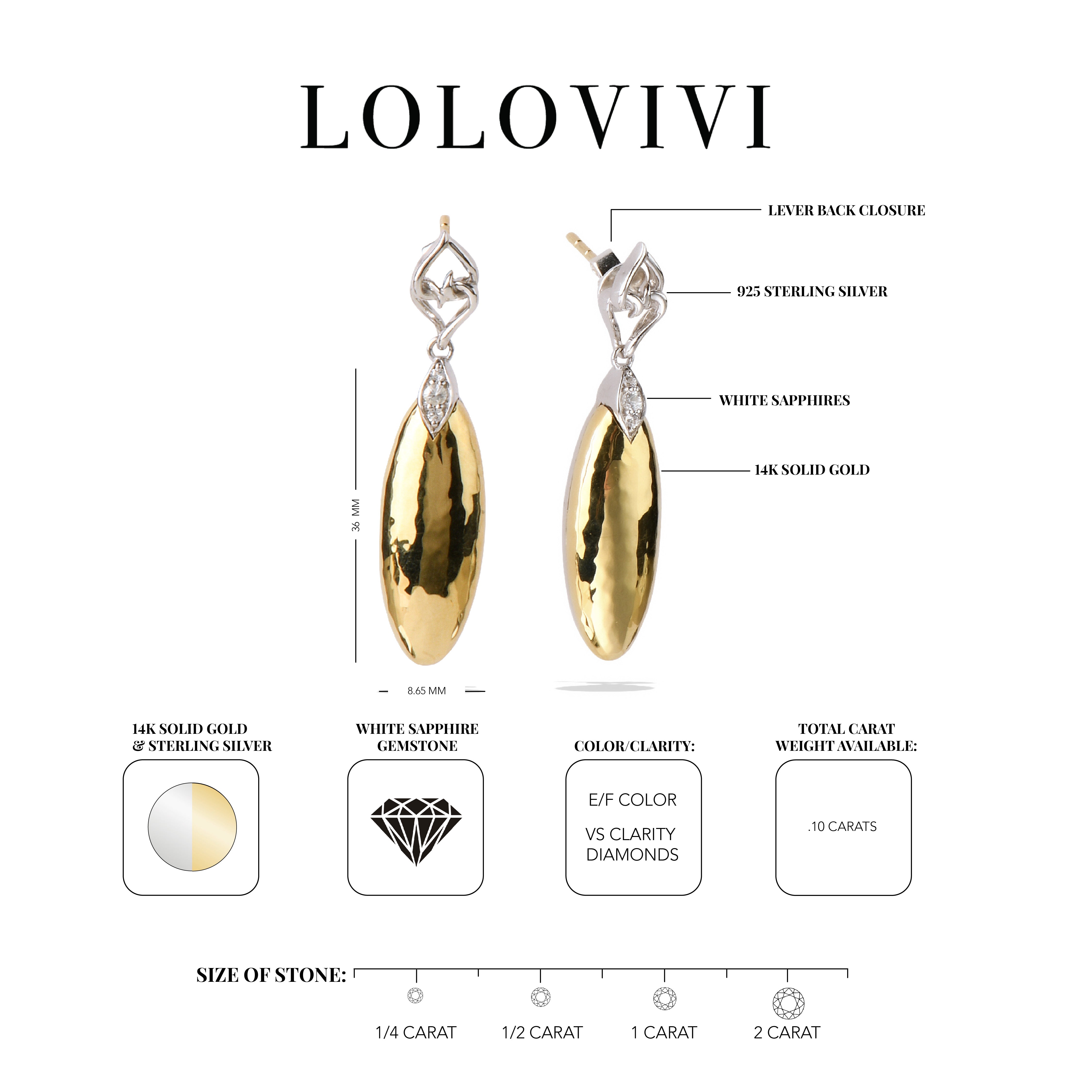 14K gold and sterling silver teardrop earrings with white sapphires.