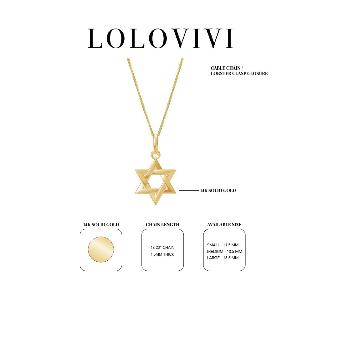14K solid gold Star of David necklace with cable chain and lobster clasp.