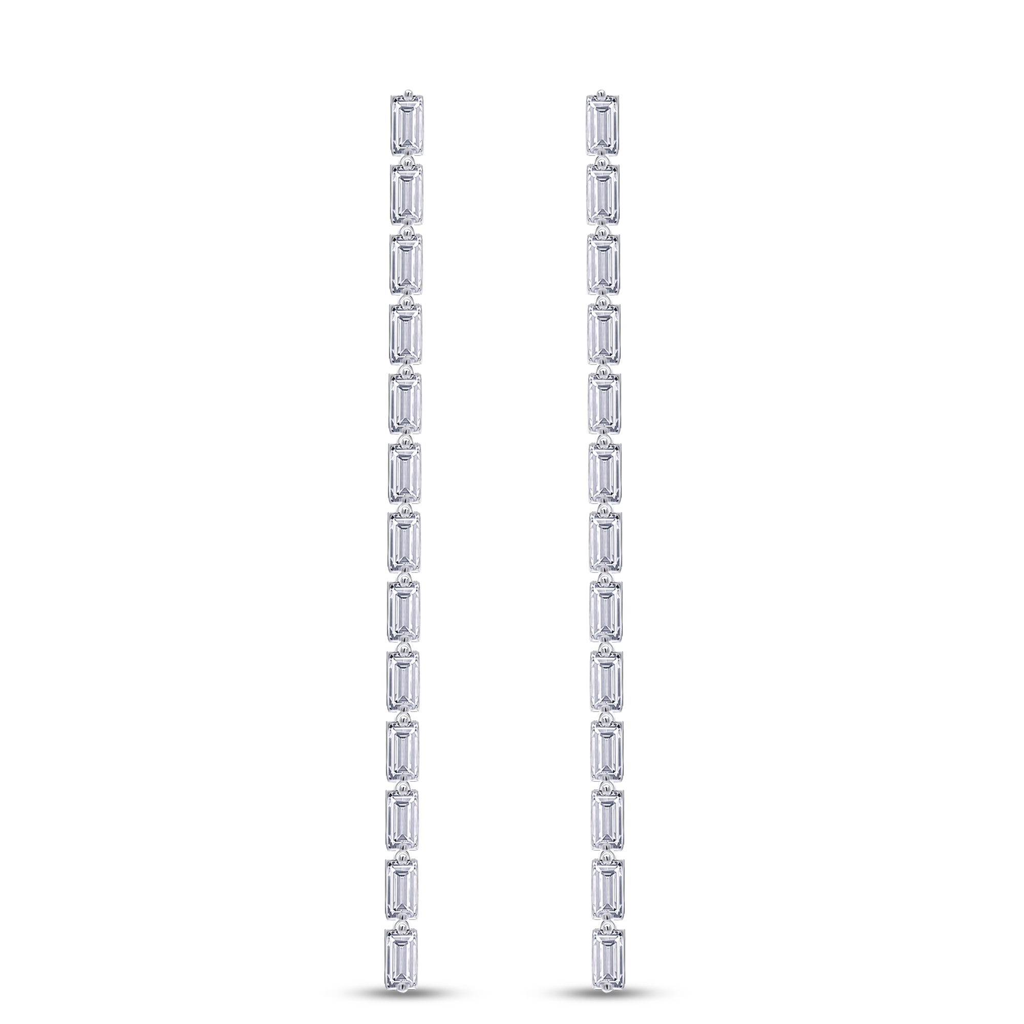 Pair of emerald-cut diamond earrings on a white background