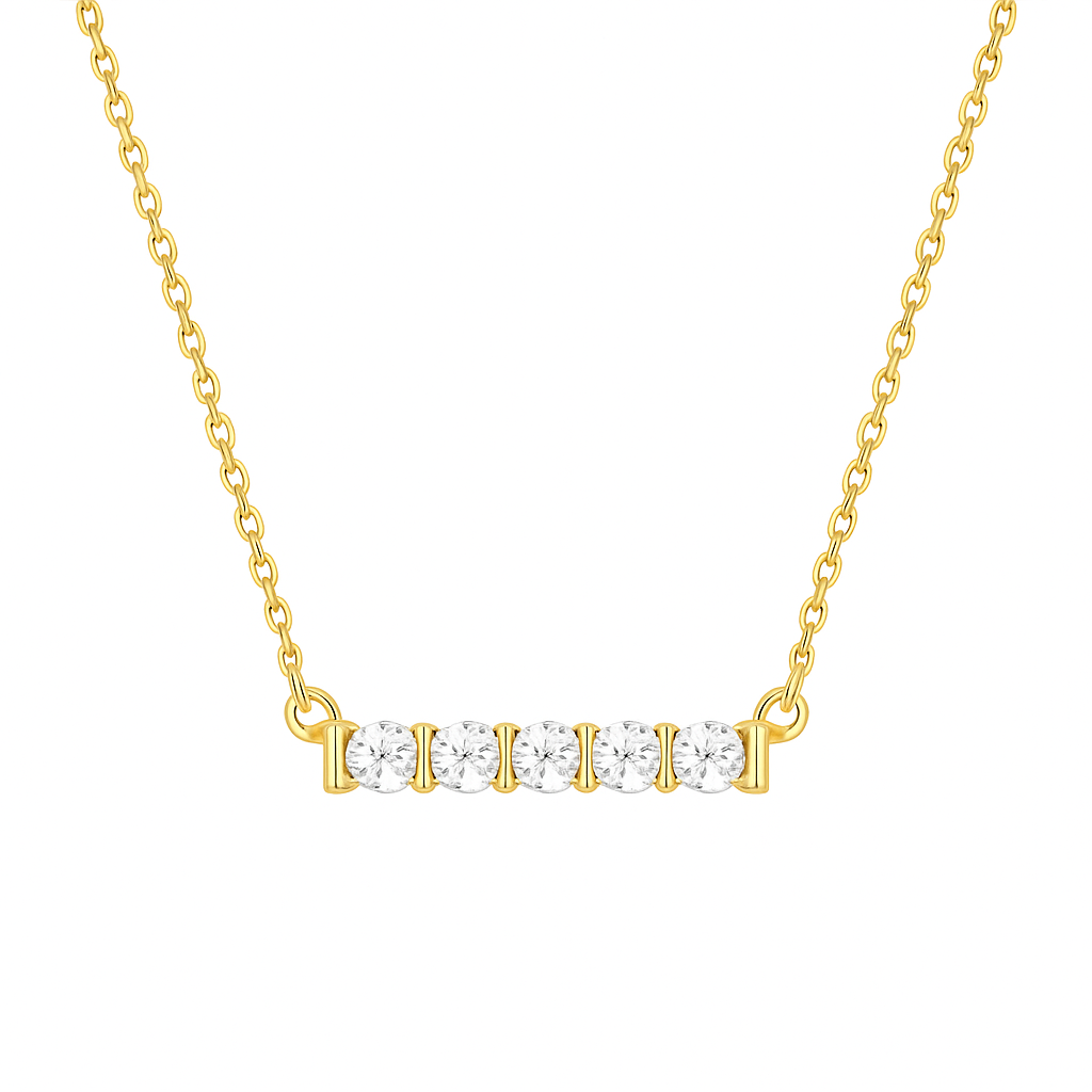 Gold necklace with diamond bar pendant on a white background