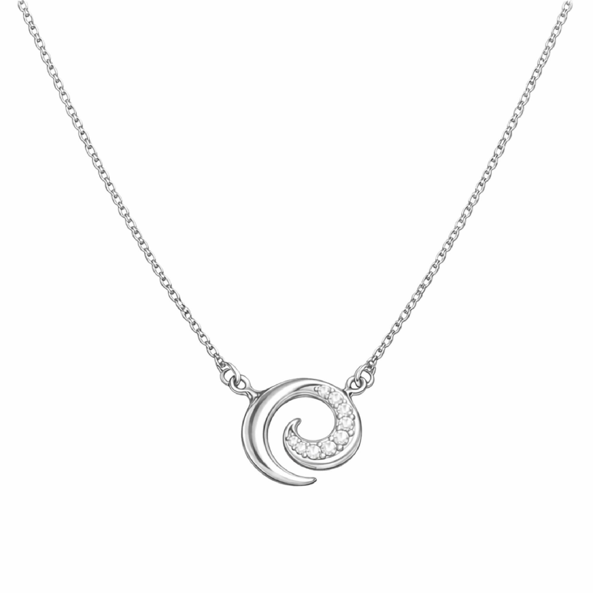 Silver necklace with a crescent moon pendant on a white background