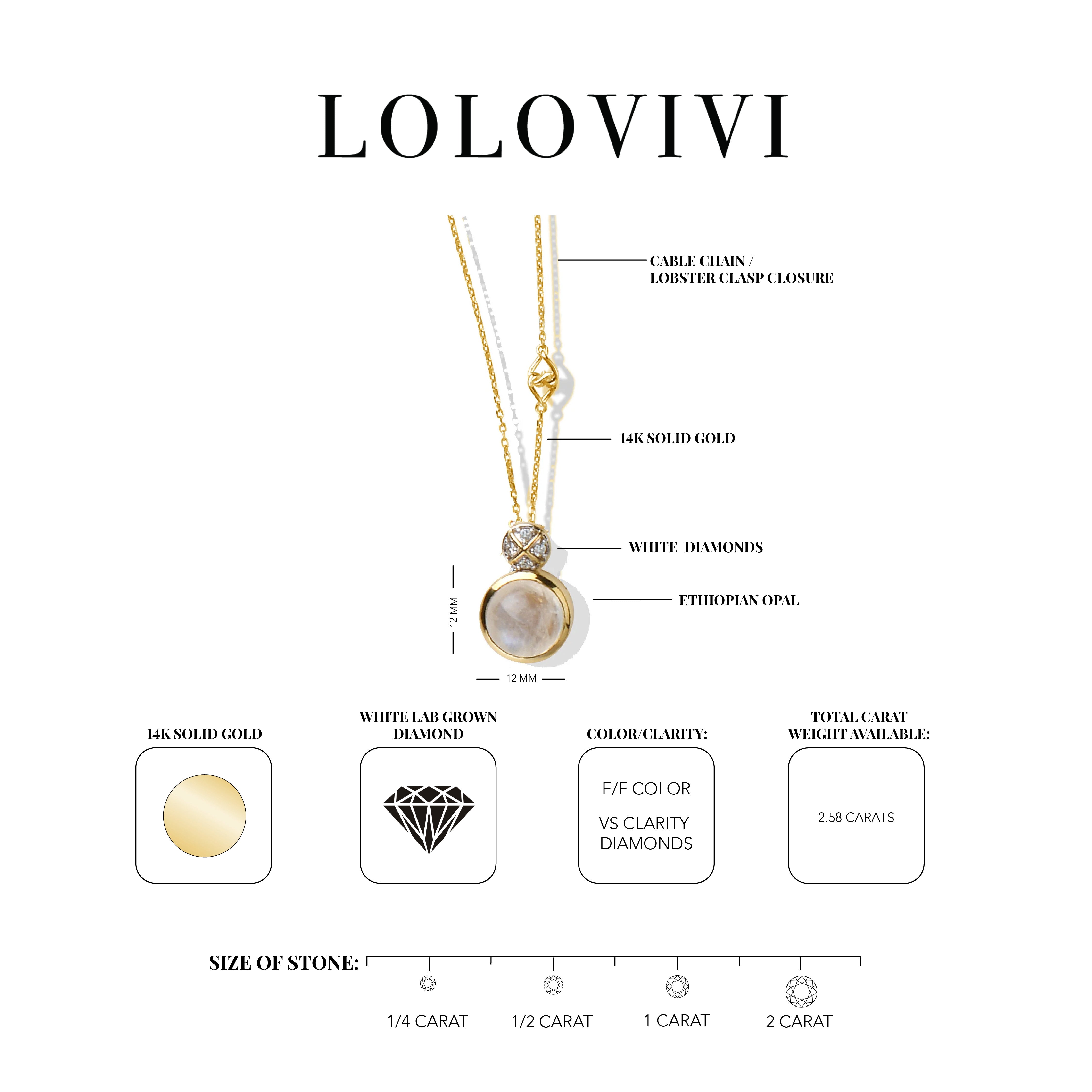 14K solid gold necklace with Ethiopian opal and white diamond pendant.