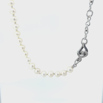 Sterling Silver Natural White and Black Diamond  Pearl Necklace