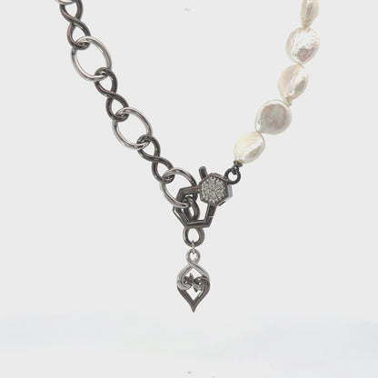 Sterling Silver and Black Silver White Sapphire Pearl Necklace