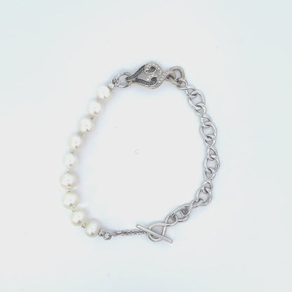 Sterling Silver Natural White & Black Sapphire Pearl Bracelet