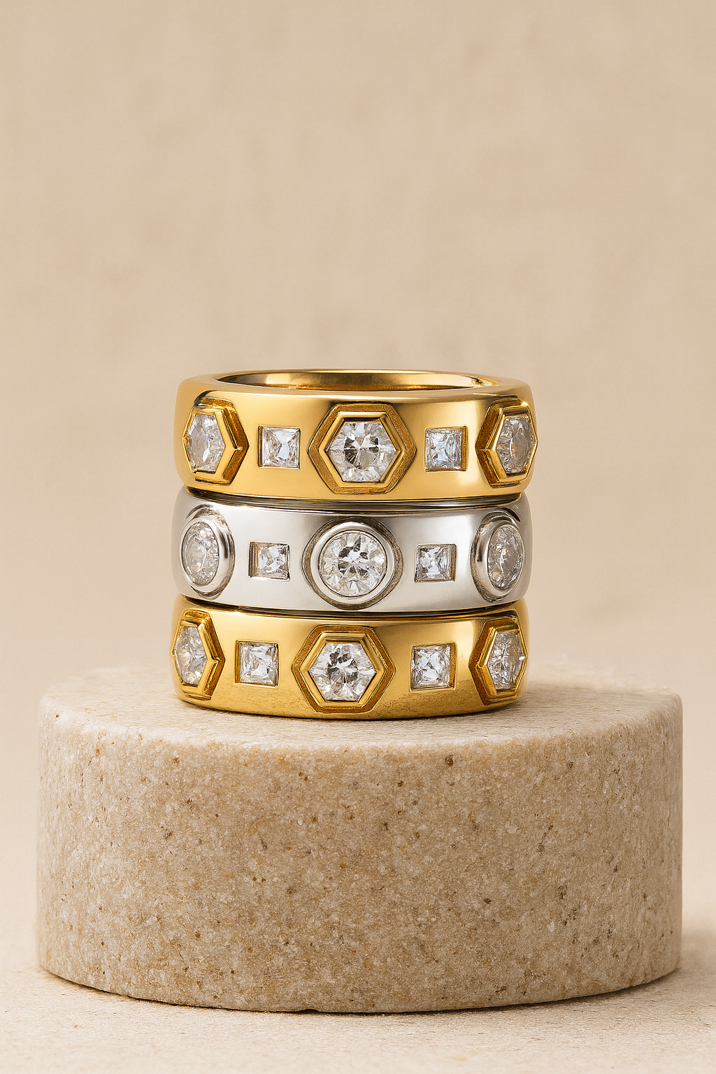 Three gold and silver rings with diamond accents on a beige pedestal.