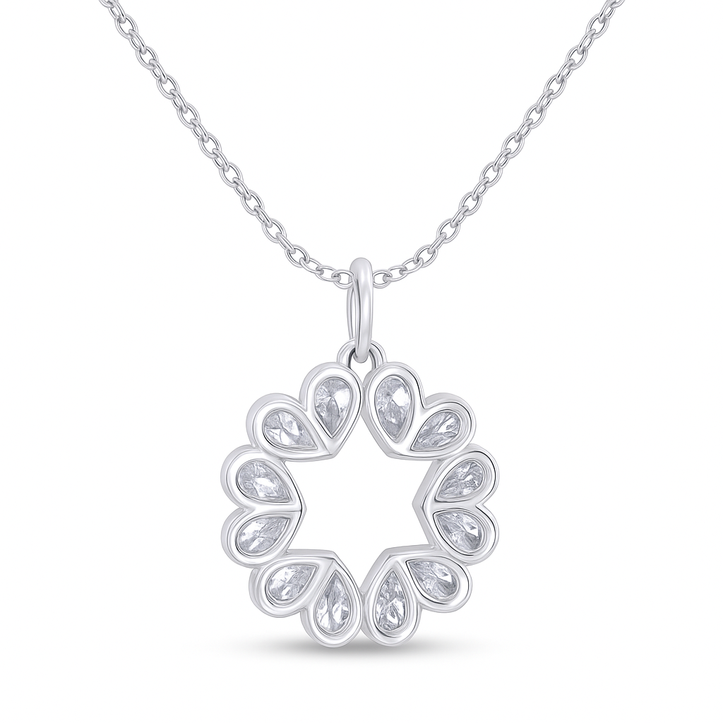 Silver necklace with a circular pendant featuring teardrop-shaped stones on a white background