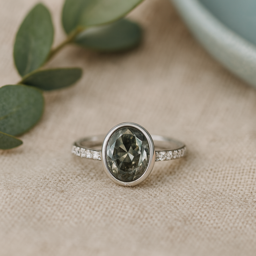 Silver ring with a green gemstone on a beige fabric background with eucalyptus leaves.