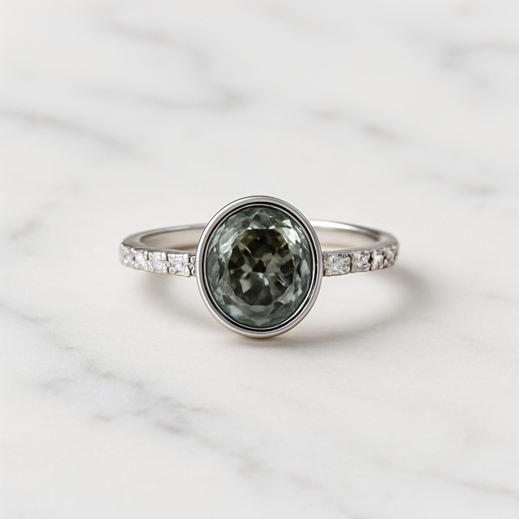 Silver ring with a green gemstone on a marble background