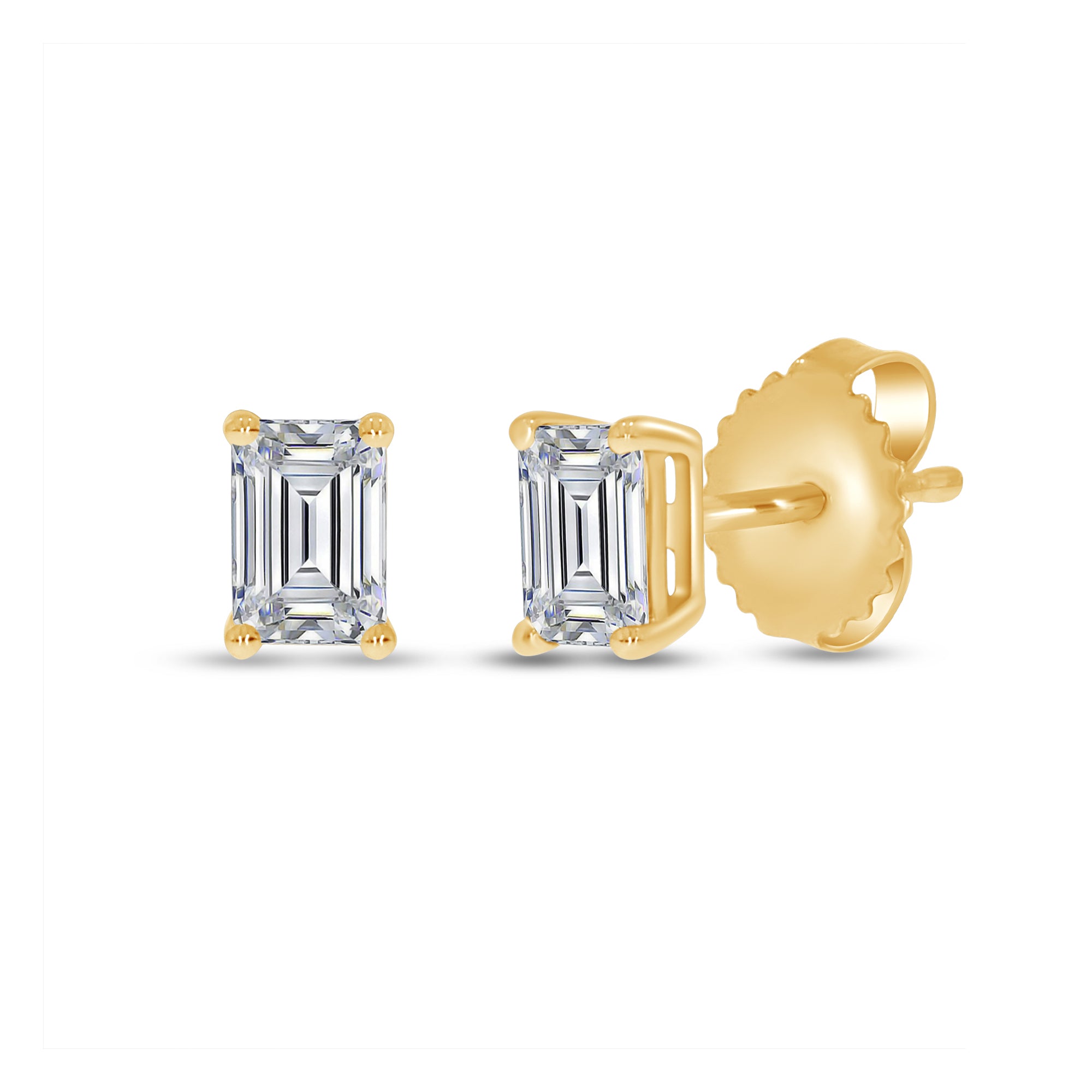 Gold earrings with emerald-cut gemstones on a white background